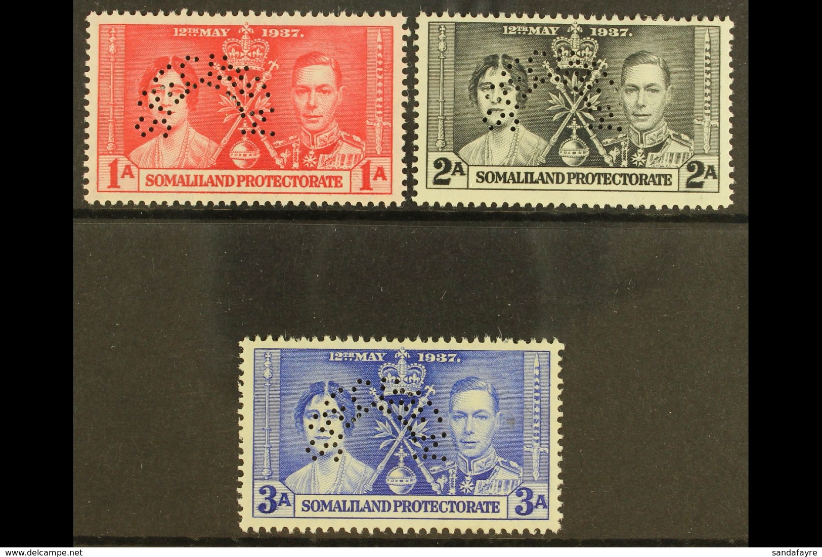 1937  Coronation Set Complete, Perforated "Specimen", SG 90s/92s, Very Fine Mint Part Og. (3 Stamps) For More Images, Pl - Somaliland (Protectoraat ...-1959)