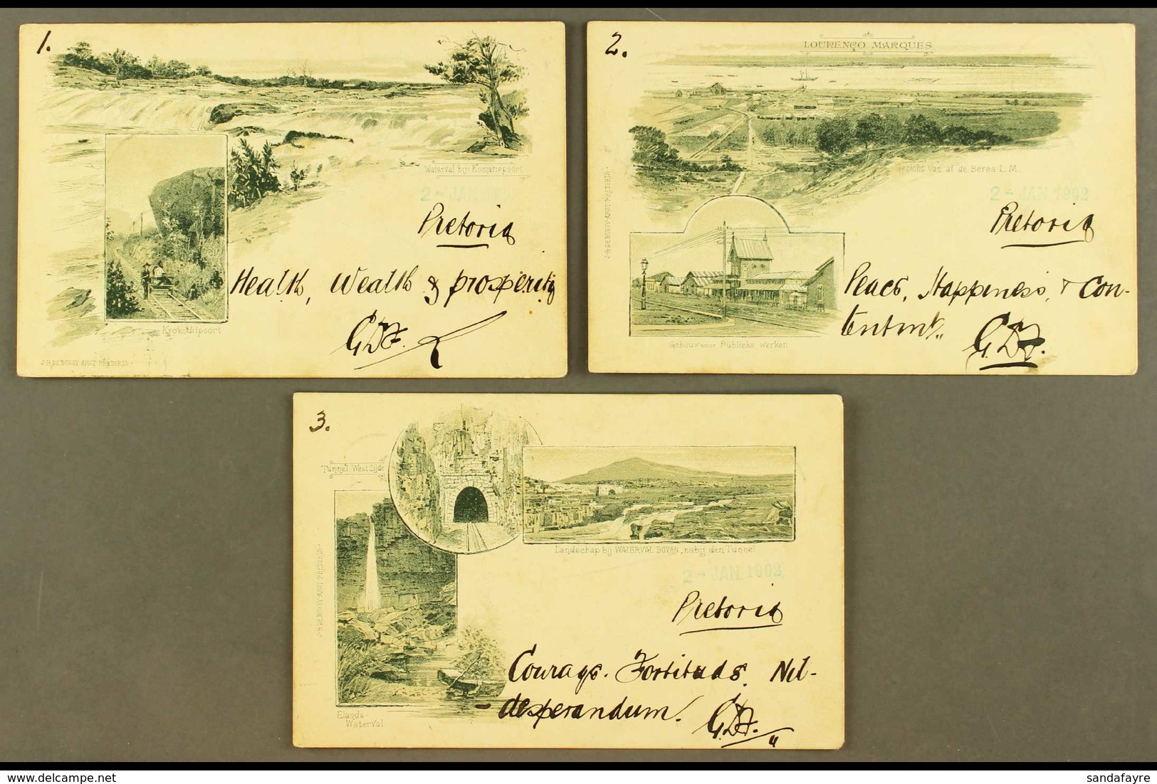 TRANSVAAL  1902 Group Of Three Different Pictorial Postcards, Each Numbered And Addressed To Pretoria, Each Posted Witho - Sin Clasificación
