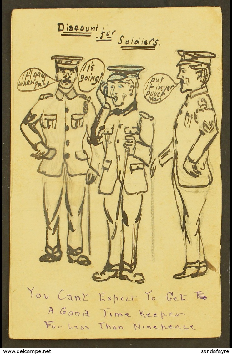 1918 HAND ILLUSTRATED POSTCARD  KGV ½d Stationery Postcard, Hand-drawn Illustration Of A Soldier Flanked By Two Sergeant - Zonder Classificatie