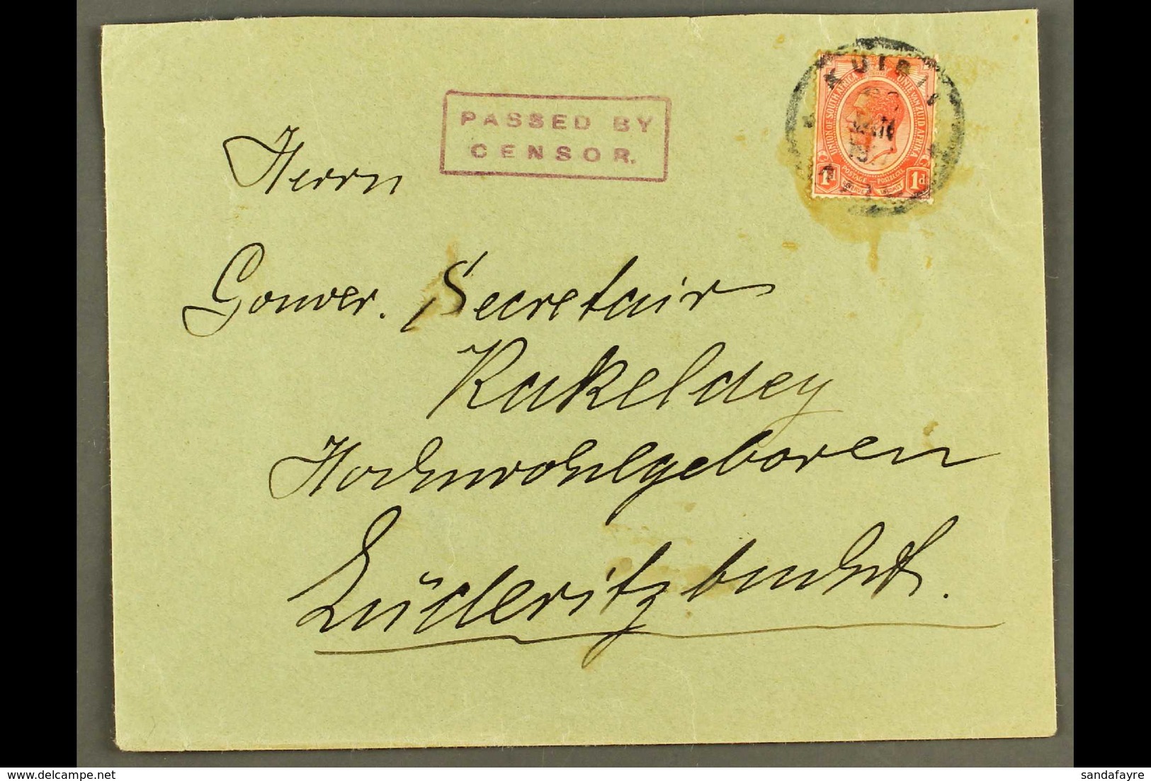 1917  (26 Jan) Cover To Luderitzbucht Bearing Glued Down 1d Union Stamp Tied By "KUIBIS / RAIL" Rubber Cds Cancel, Putze - Zuidwest-Afrika (1923-1990)