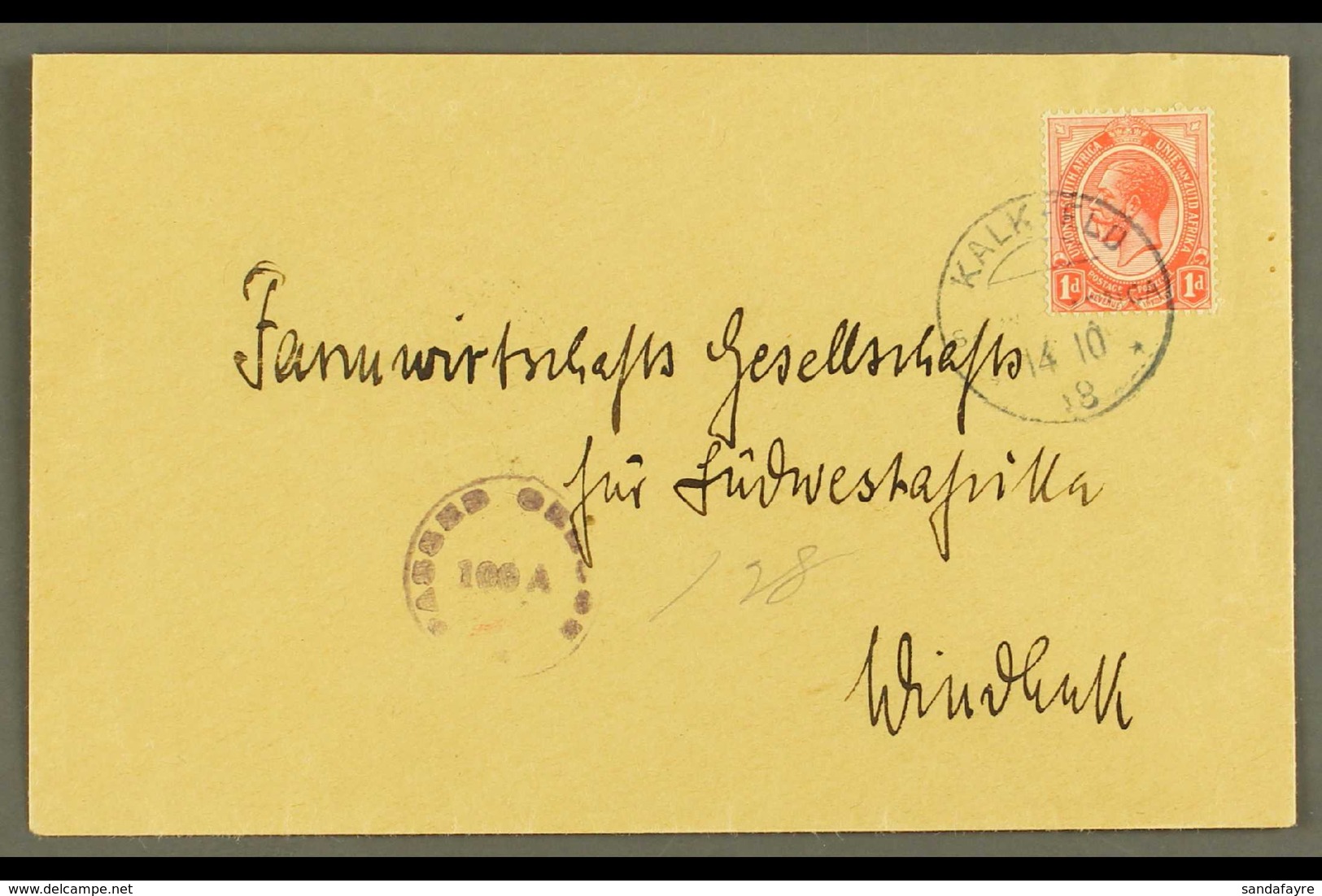 1918  (14 Oct) Cover To Windhuk Bearing 1d Union Stamp Tied By Very Fine "KALKFELD" Cds Cancel, Putzel Type B2, With Vio - Zuidwest-Afrika (1923-1990)