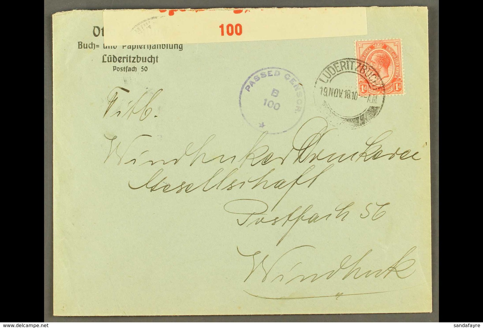 1918  (19 Nov) Printed Cover To Windhuk Bearing 1d Union Stamp Tied By "LUDERITZBUCHT" Cds Cancellation, Putzel Type B9  - Zuidwest-Afrika (1923-1990)