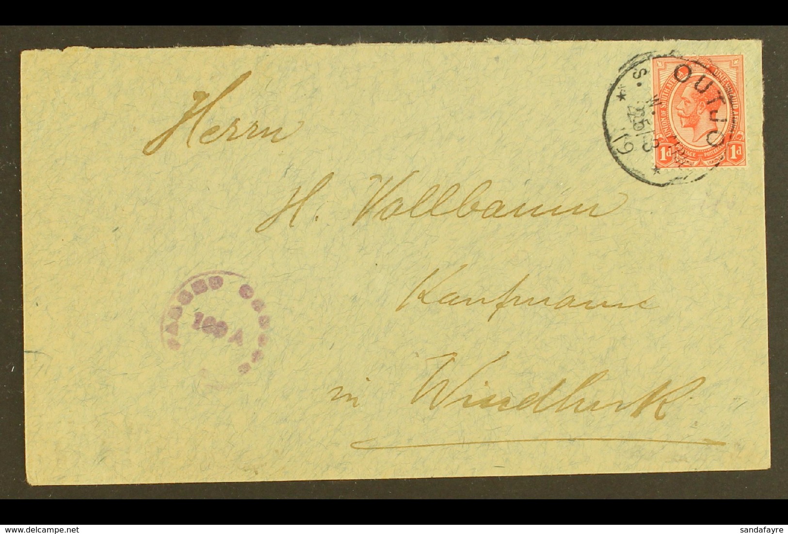 1919  (25 Mar) Cover To Windhoek Bearing South Africa 1d KGV Tied By Fine "OUTJO" Cds; Alongside Violet Circular "PASSED - África Del Sudoeste (1923-1990)