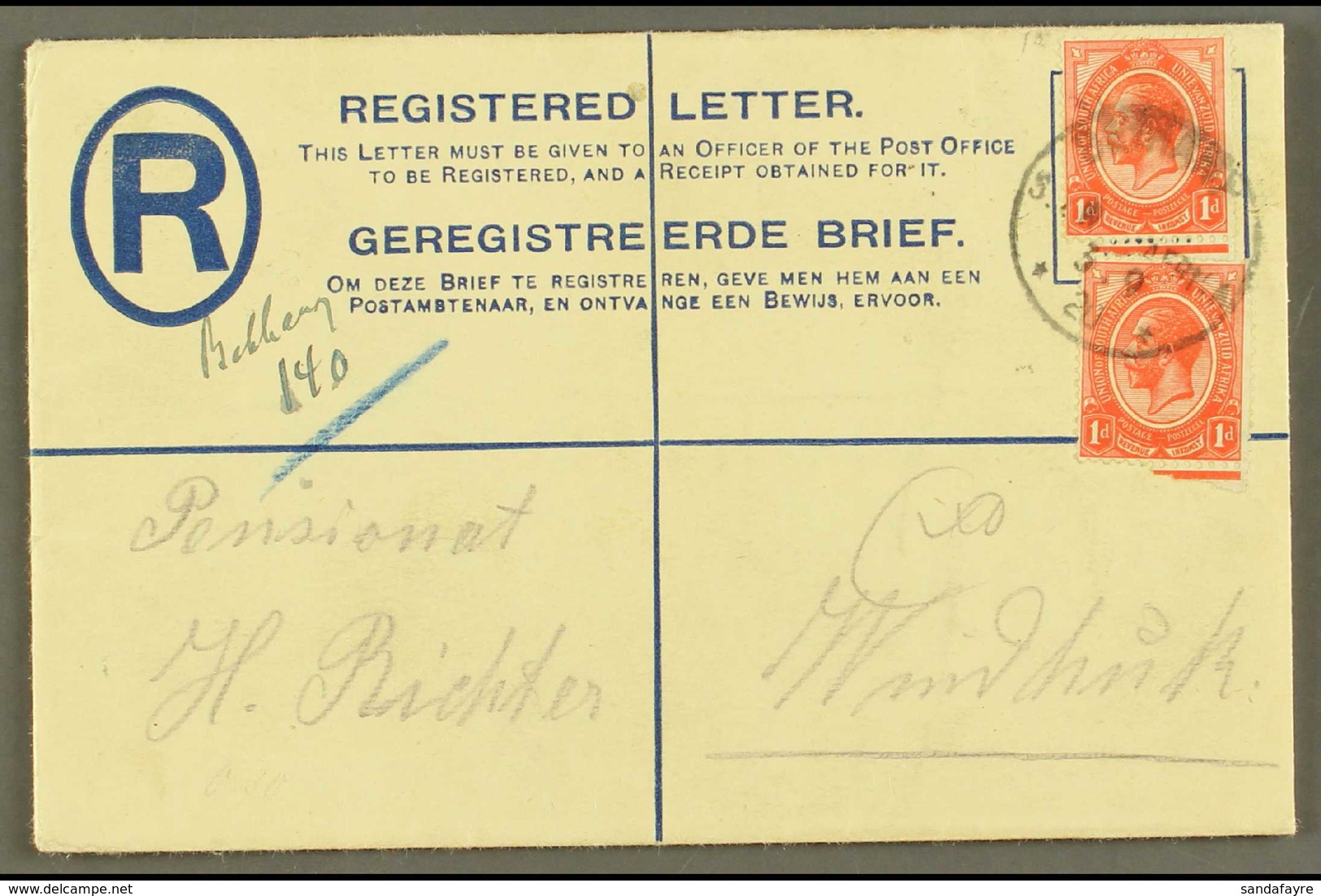 1920  (3 Sep) 4d Registered Envelope To Windhuk Uprated With 1d Union X2 Tied By "BETHANY" Cds Postmark, Putzel Type 1,  - Zuidwest-Afrika (1923-1990)