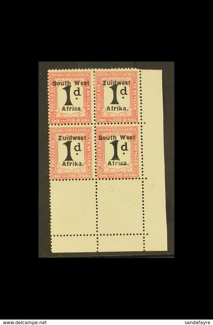POSTAGE DUES  1923-26 1d Black & Rose Overprint 9½mm Between Lines, SG D28, Mint Lower Right Corner BLOCK Of 4, One Stam - Afrique Du Sud-Ouest (1923-1990)