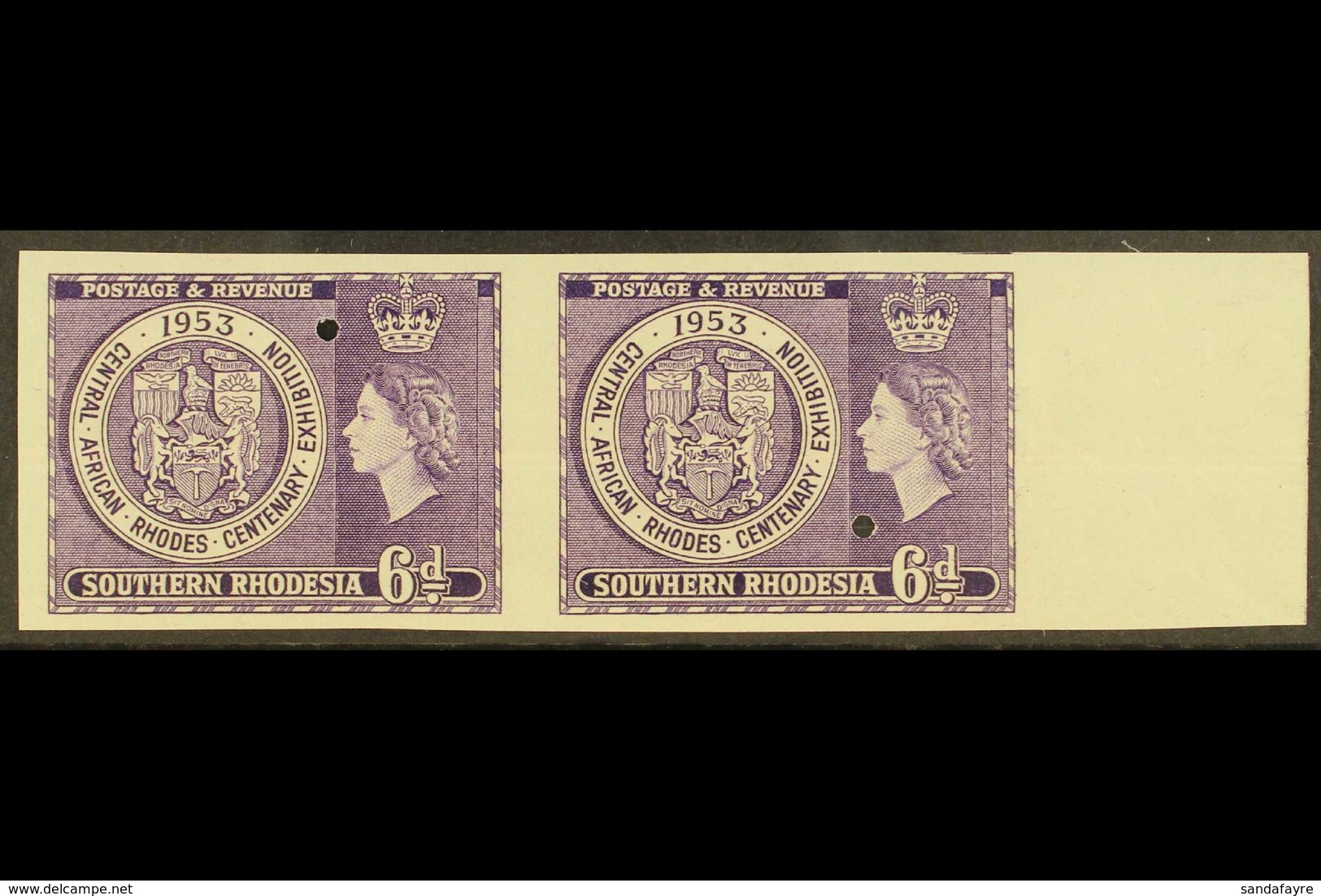 1953  6d Violet Rhodes Cent, As SG 76, Horizontal Imperf Pair Of Waterlow Proofs On Gummed Paper With Small Punch-holes. - Zuid-Rhodesië (...-1964)