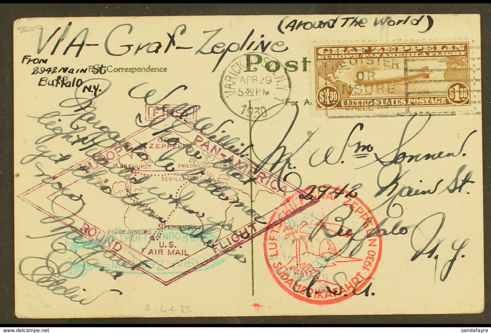 1930  (Apr 29) Picture Postcard Bearing Very Fine AIR Graf Zeppelin $1.30 Brown (Sc C14, SG A687) Tied By Slogan Cancel; - Other & Unclassified