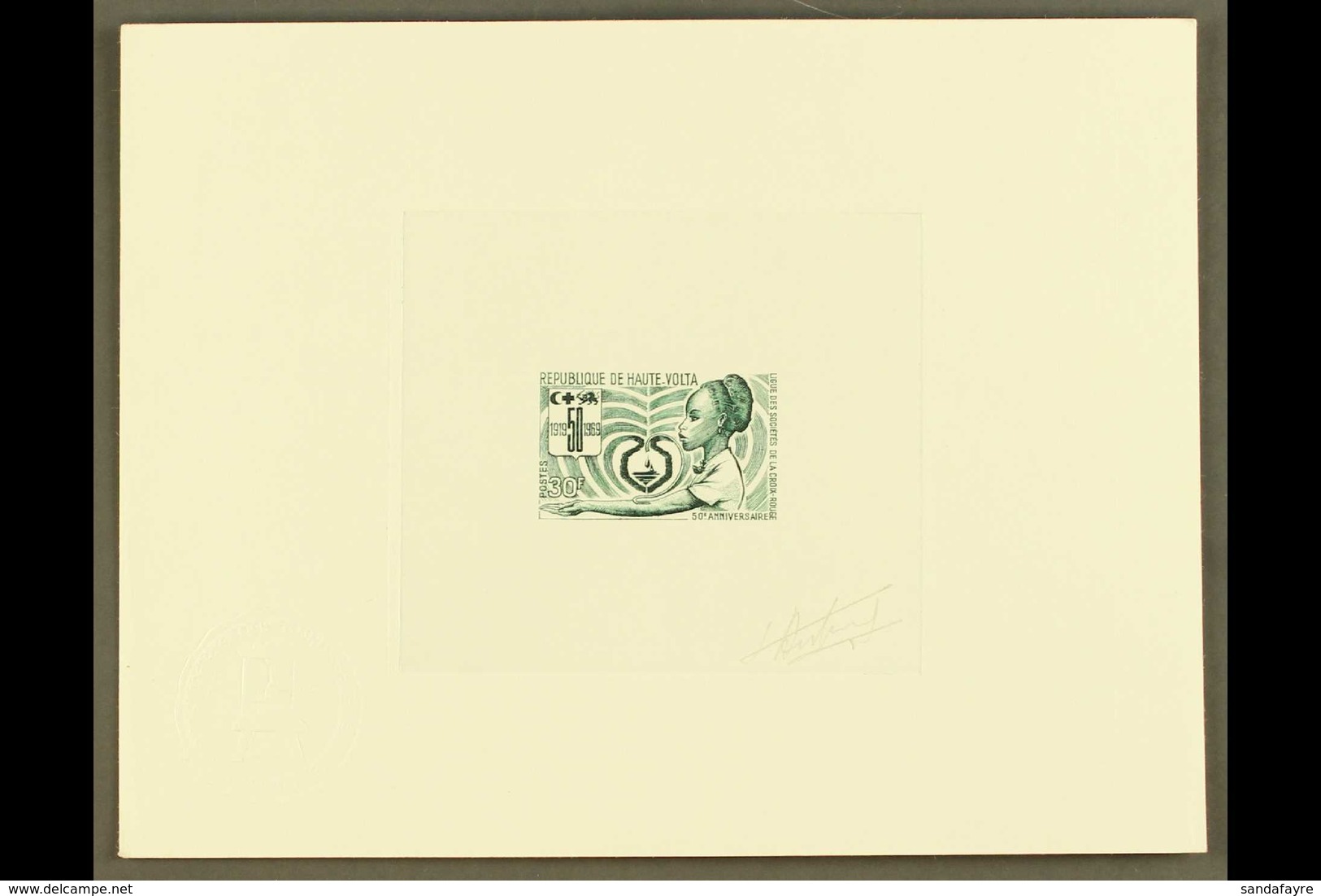 1969 SIGNED SUNKEN IMPERF DIE PROOF  For The 30f Red Cross Issue (Yvert 197, SG 260), Printed In Green On Card, Overall  - Andere & Zonder Classificatie
