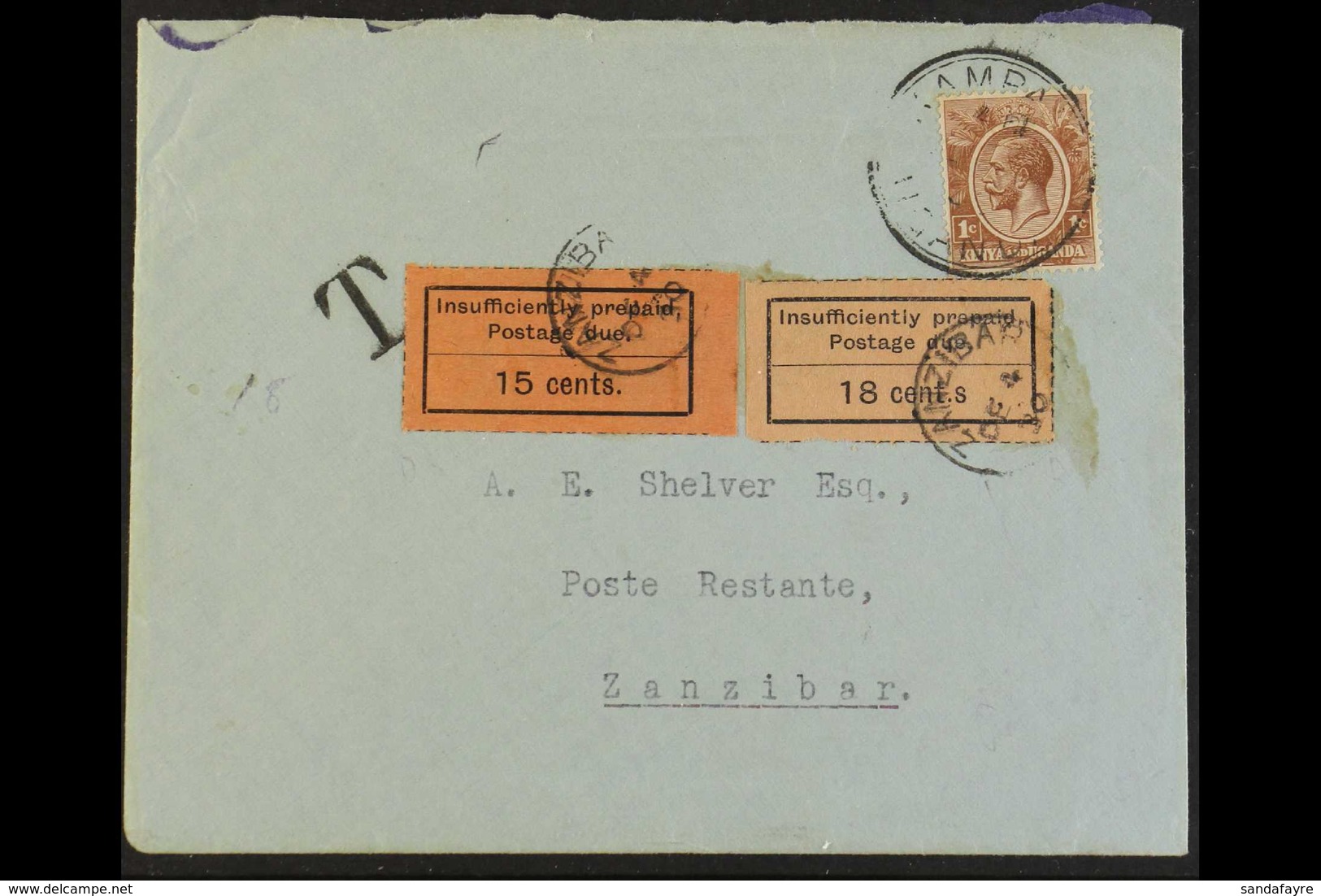 1926-30 POSTAGE DUE ERROR ON COVER  Envelope From Kampala To Zanzibar, Bearing The KUT 1c Brown Tied Kampala Cds, With " - Zanzibar (...-1963)