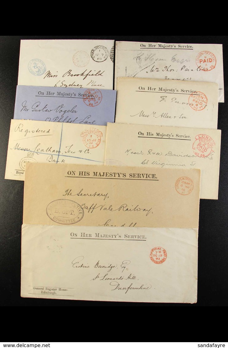 1869-1924 OFFICIAL MAIL  Nice Clean Group, Most With Various London "PAID" Marks In Red, We See 1869 Envelope With "Admi - Altri & Non Classificati