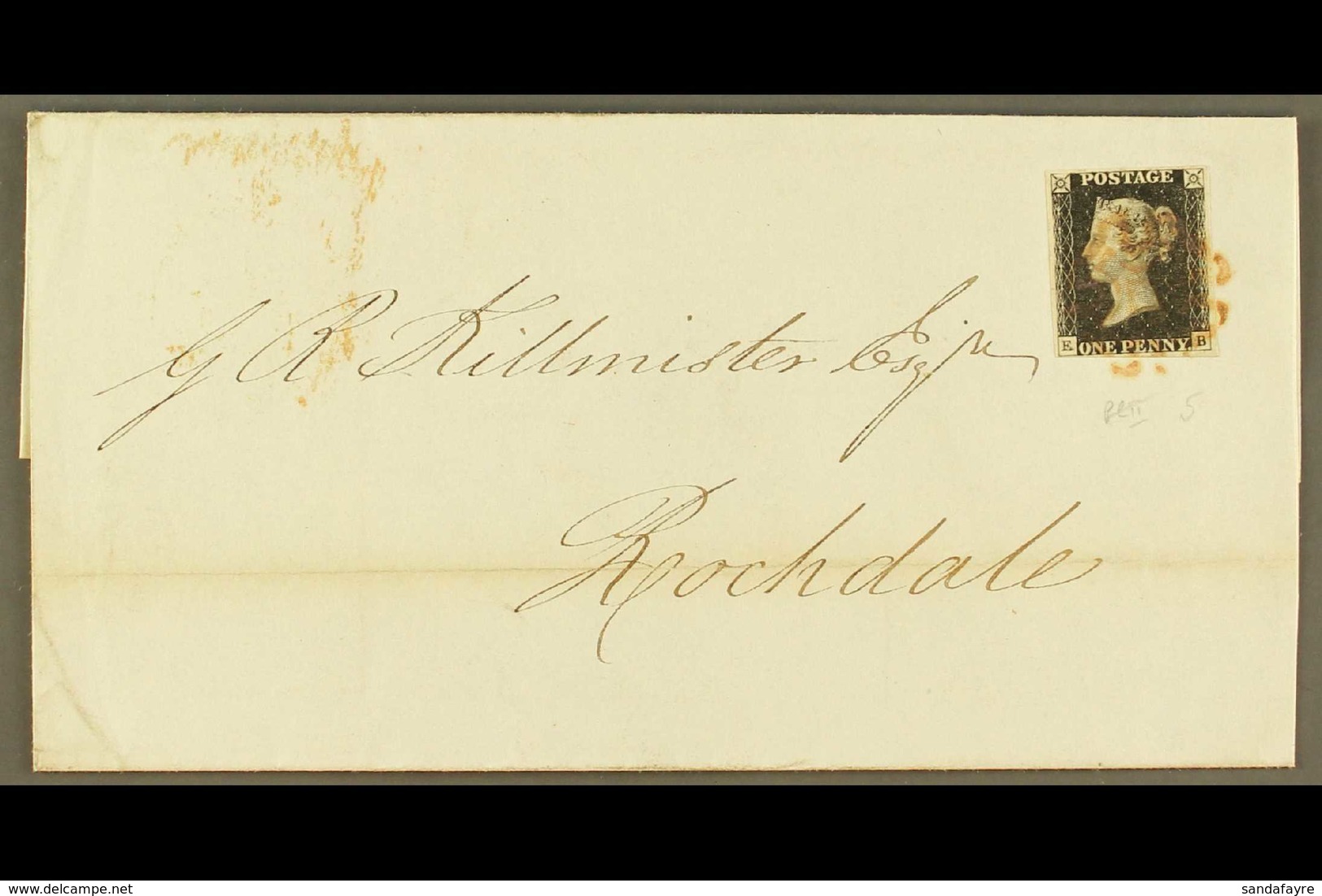 1841  (13 Jan) LS From Liverpool To Rochdale Bearing 1d Black 'EB' Plate 5, With 4 Margins Tied Red MC Cancellation. For - Zonder Classificatie