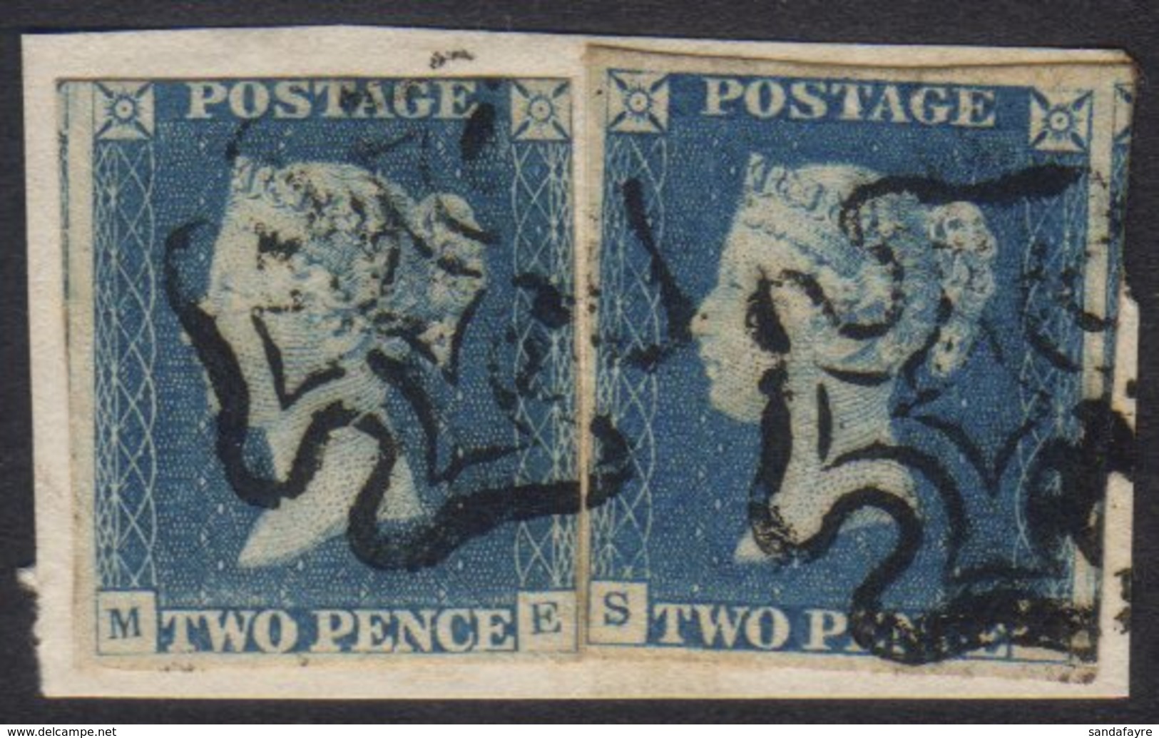 1840  2d Blue Plate 1, SG 5, TWO Examples Tied To The Same Piece By MC Cancels, "ME" With 3 Margins & "SE" With 4 Margin - Autres & Non Classés