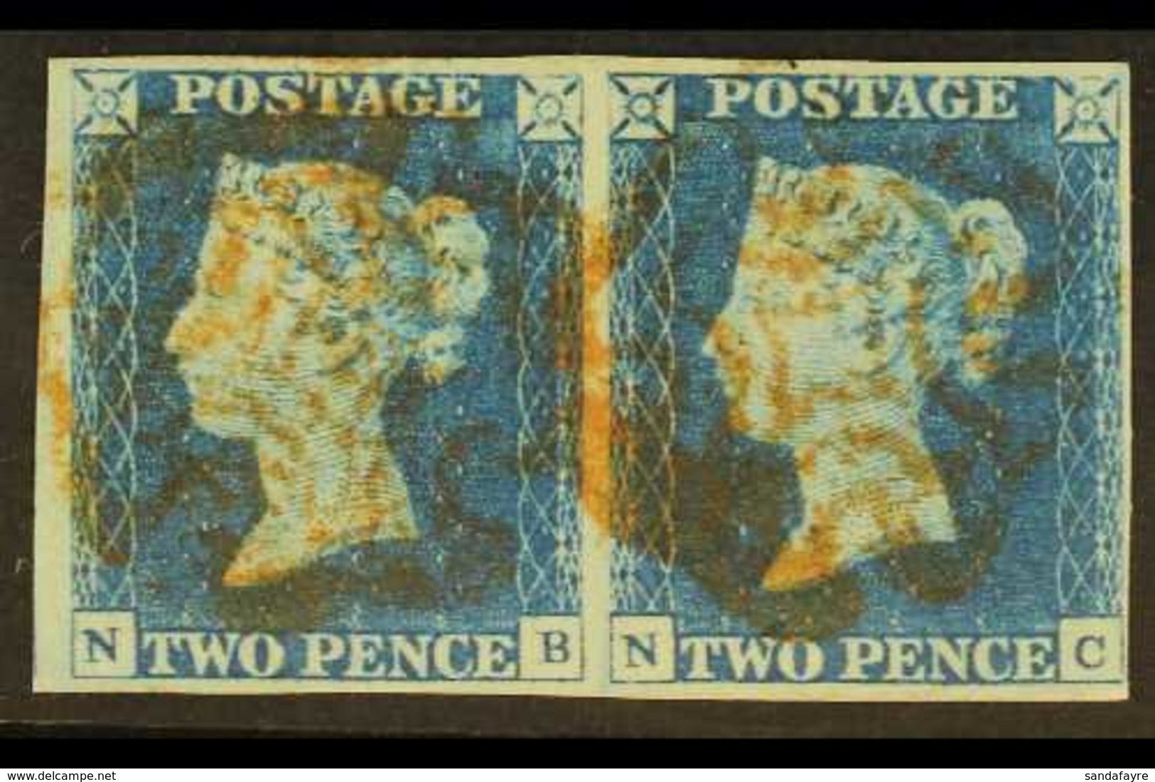 1840  2d Pale Blue PAIR 'NB - NC' Plate 1, SG 6, Used With 4 Margins & Red MC Cancellations. For More Images, Please Vis - Andere & Zonder Classificatie