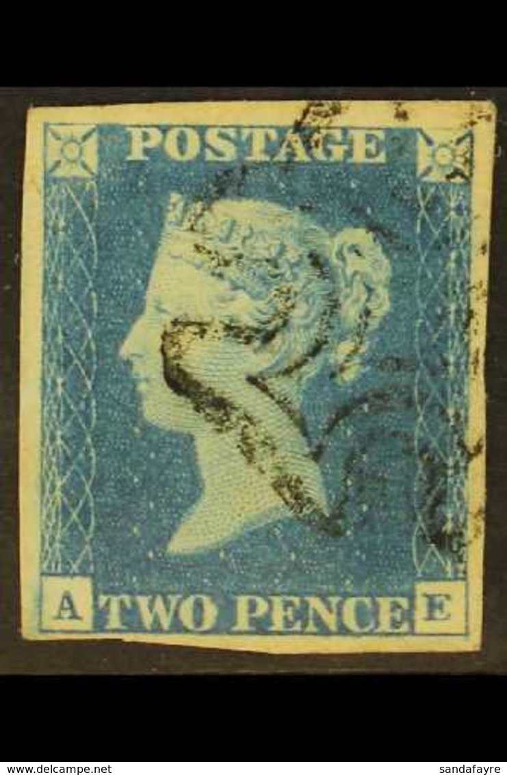 1840  2d Pale Blue 'AE' Plate 1, SG 6, Used With 4 Margins & Black MC Cancellation Leaving The Profile Clear. For More I - Andere & Zonder Classificatie