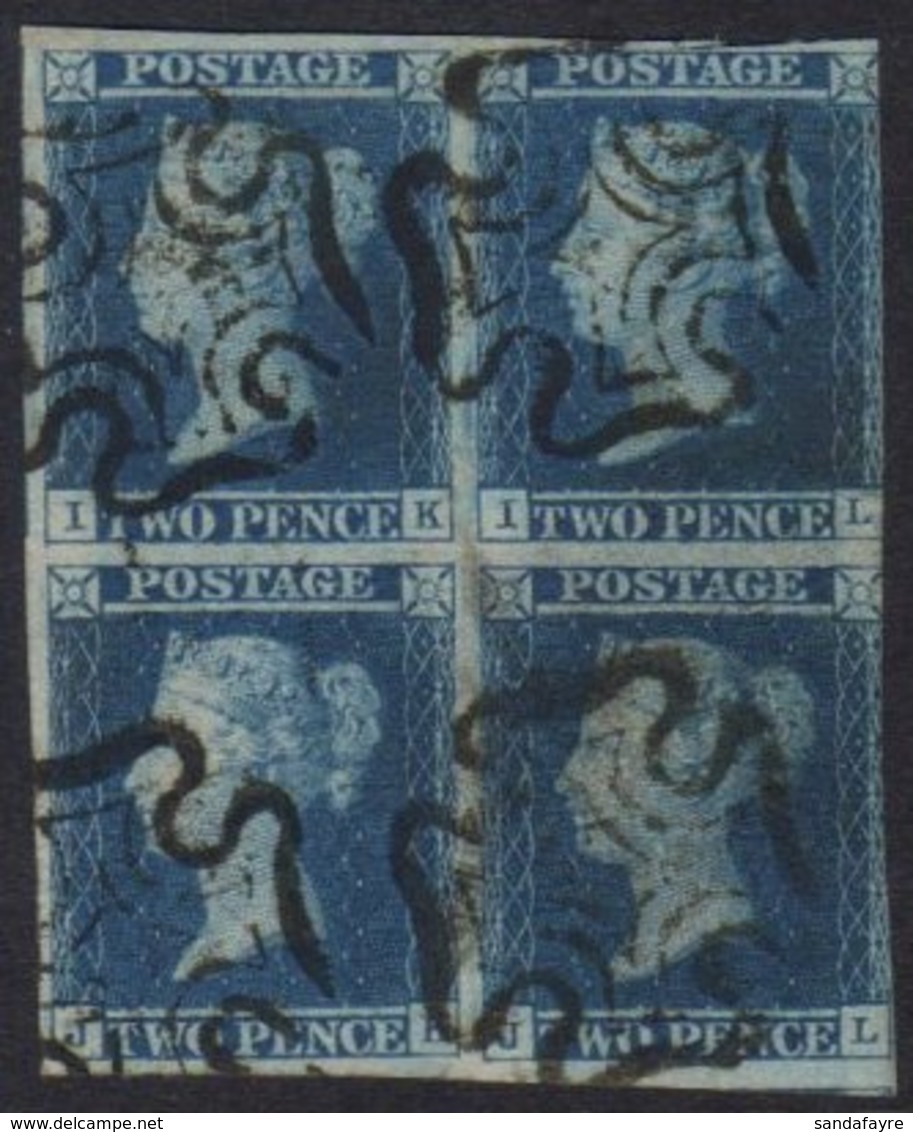 1841  2d Blue Plate 3, SG 14e, Used BLOCK OF FOUR With Fine Maltese Cross Cancels, Margins To 3 Sides (touching/just Int - Autres & Non Classés