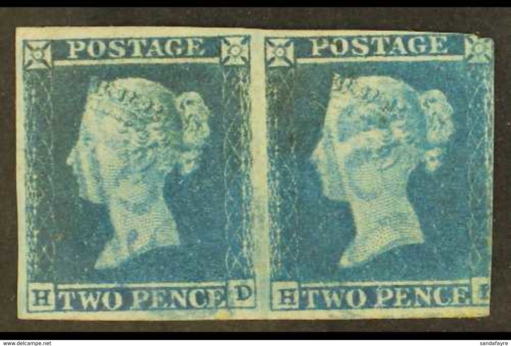 1841  2d Blue PAIR Cancelled By BRIGHT BLUE NUMERAL POSTMARKS (SG 14h), Left Left Side Stamp 'HD' With 4 Very Large Marg - Autres & Non Classés