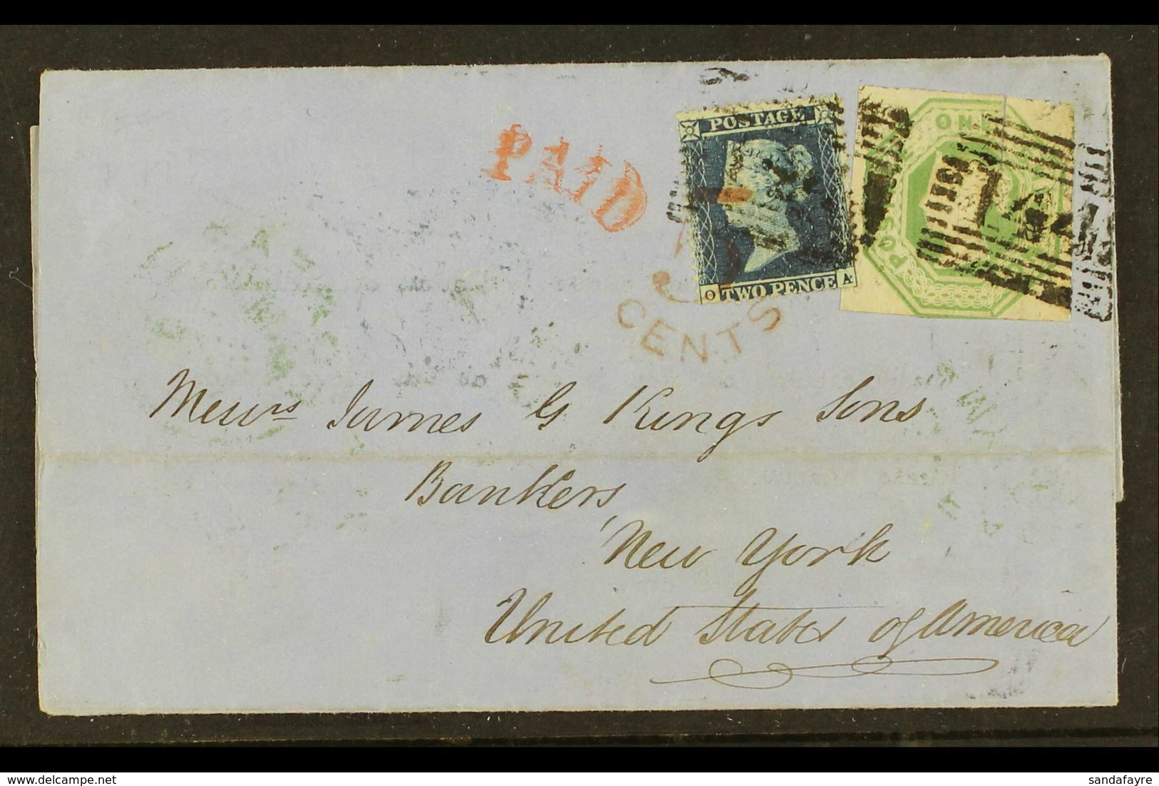 1856  (15 May) Entire To New York, Franked 1847-54 1s Green Die 2 Embossed SG 55, Three Margins, Just Touches At Base, S - Autres & Non Classés