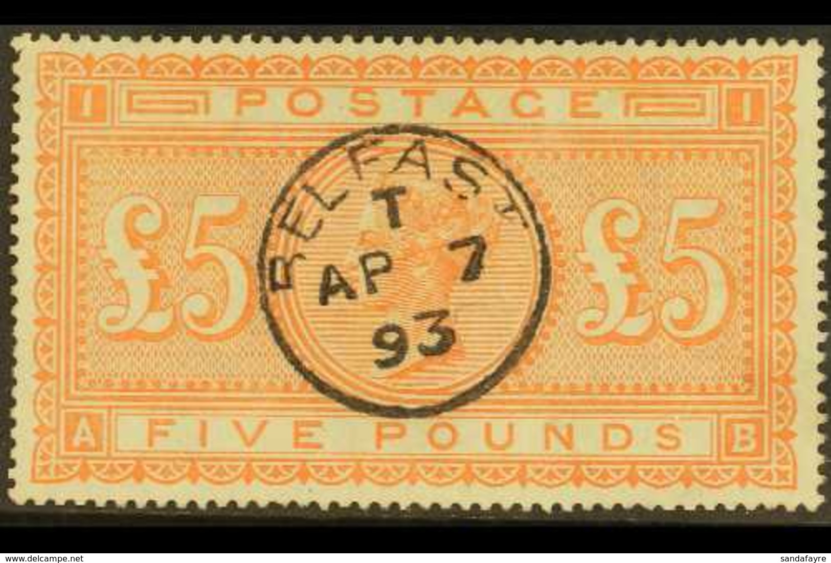 1867-83  £5 Orange On White Paper, SG 137, A Superb Used Example With Bright Fresh Colour, Full Perfs & A Crisp Centrall - Andere & Zonder Classificatie