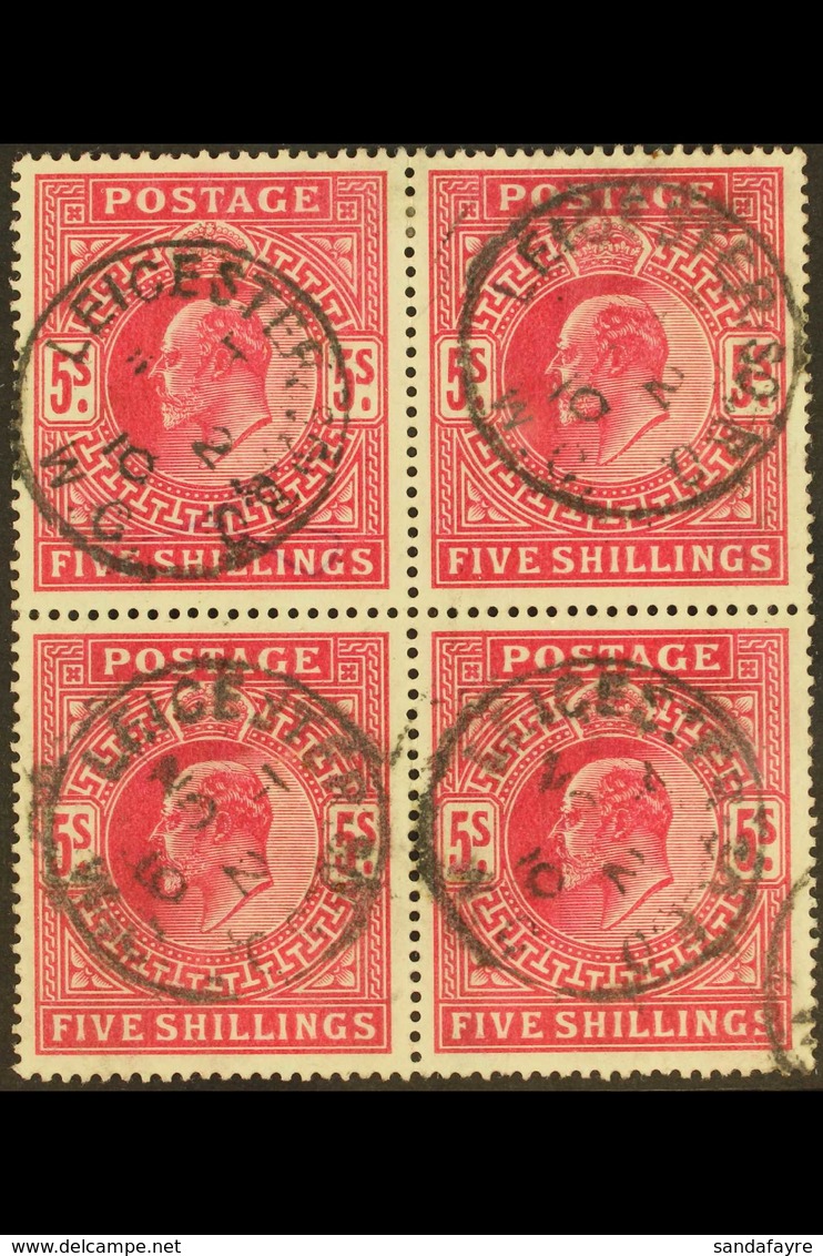 1902-10  5s Deep Bright Carmine, SG 264, Used BLOCK OF FOUR Each Stamp Cancelled By Very Fine Leicester Square Of 2 Nov  - Non Classés