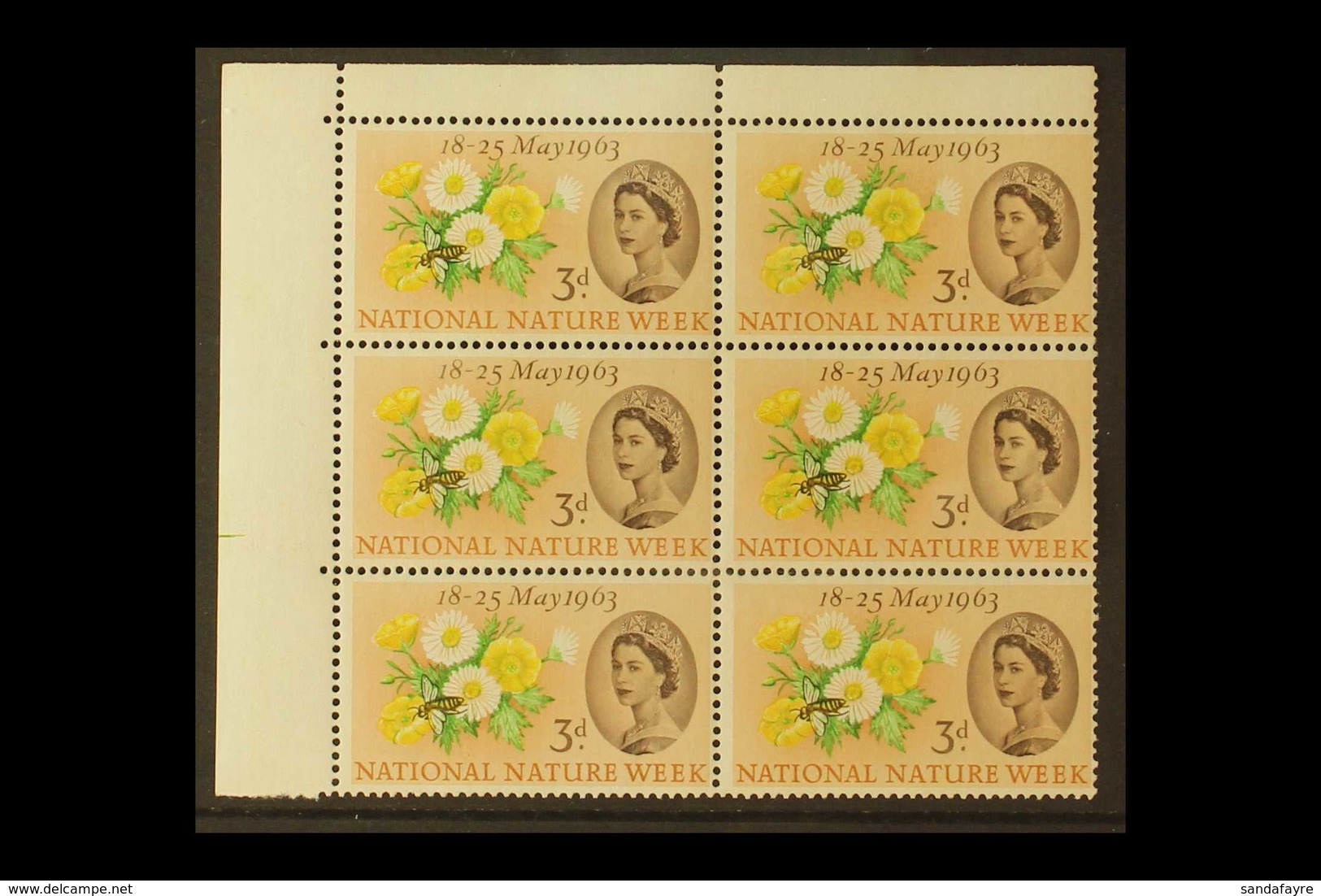 1963  3d National Nature Week With CATERPILLAR FLAW Variety, SG 637a, In A Never Hinged Mint Positional Block Of Six. (6 - Andere & Zonder Classificatie