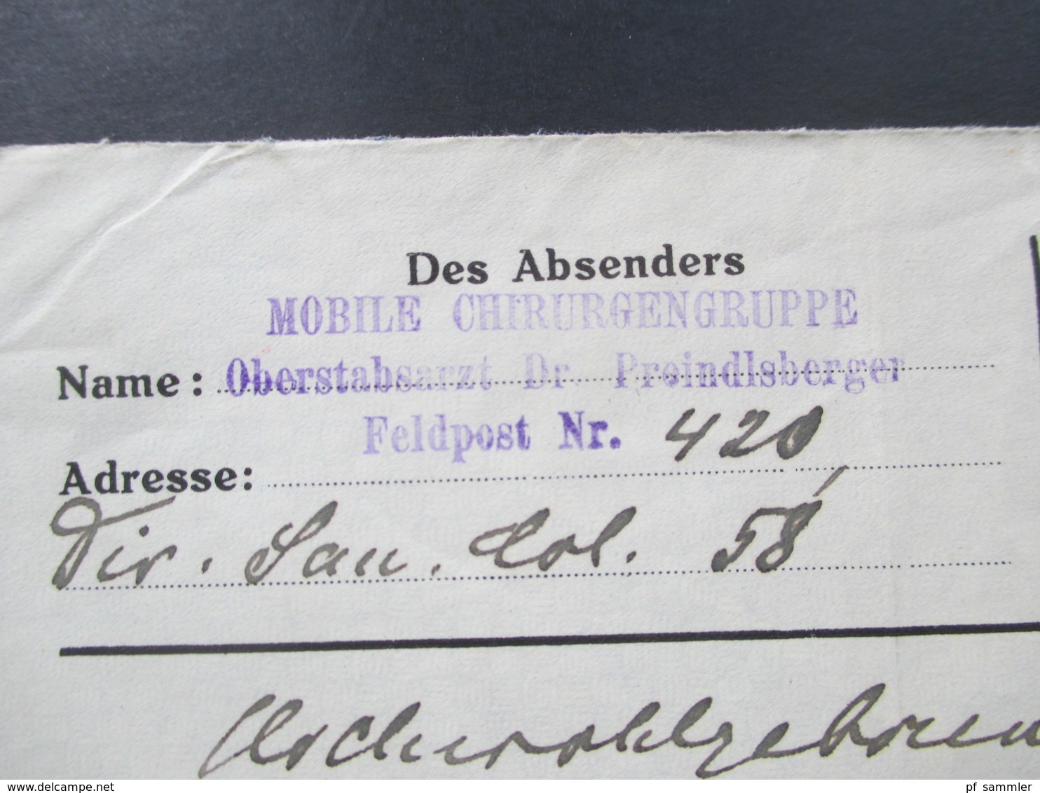 Österreich 1917 Feldpost Mobile Chirurgentruppe Oberstabsarzt Dr. Preindlsberger. Roter Truppenstempel. Nach Sarajevo - Briefe U. Dokumente