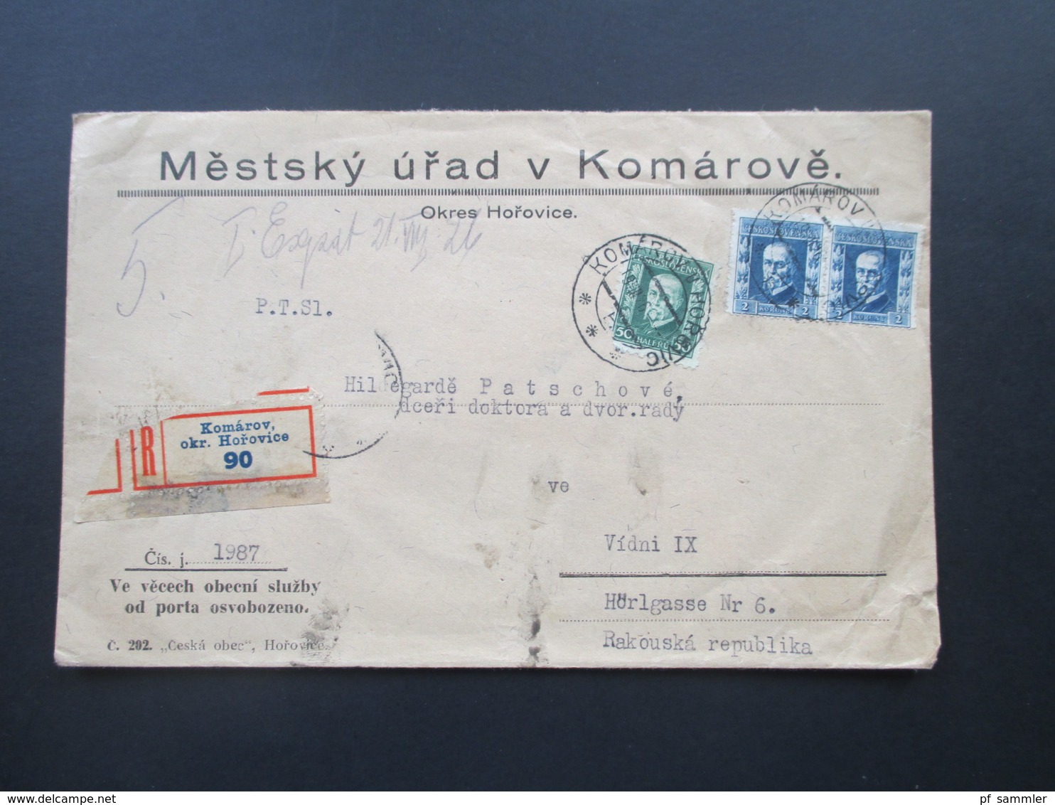 Tschechoslowakei 1926 Einschreiben Komarov Okr. Horovice 90. Mestsky Urad V Komarove. Okres Horovice - Briefe U. Dokumente