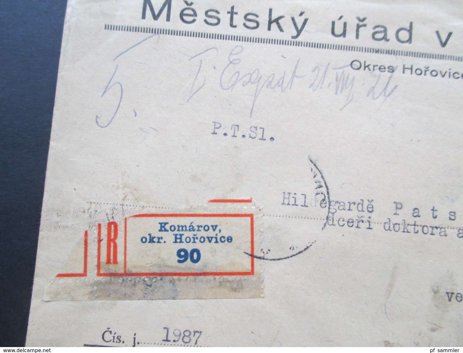 Tschechoslowakei 1926 Einschreiben Komarov Okr. Horovice 90. Mestsky Urad V Komarove. Okres Horovice - Covers & Documents