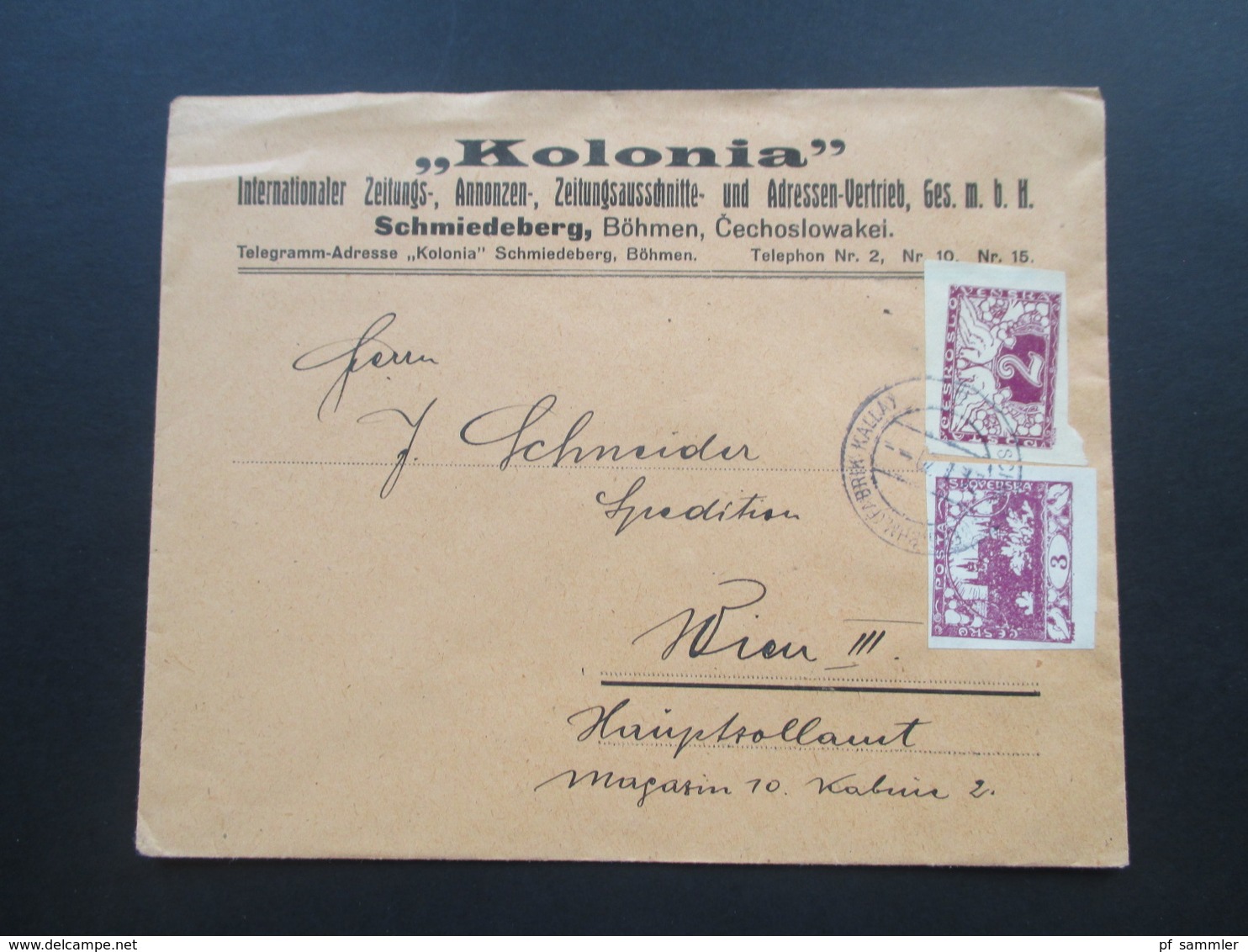 Tschechoslowakei 1920 Hradschin MiF Nr. 1 Und Eilmarke Nr. 2. "Kolonia" Int. Zeitungs, Annonzen Vertrieb Schmiedeberg - Briefe U. Dokumente