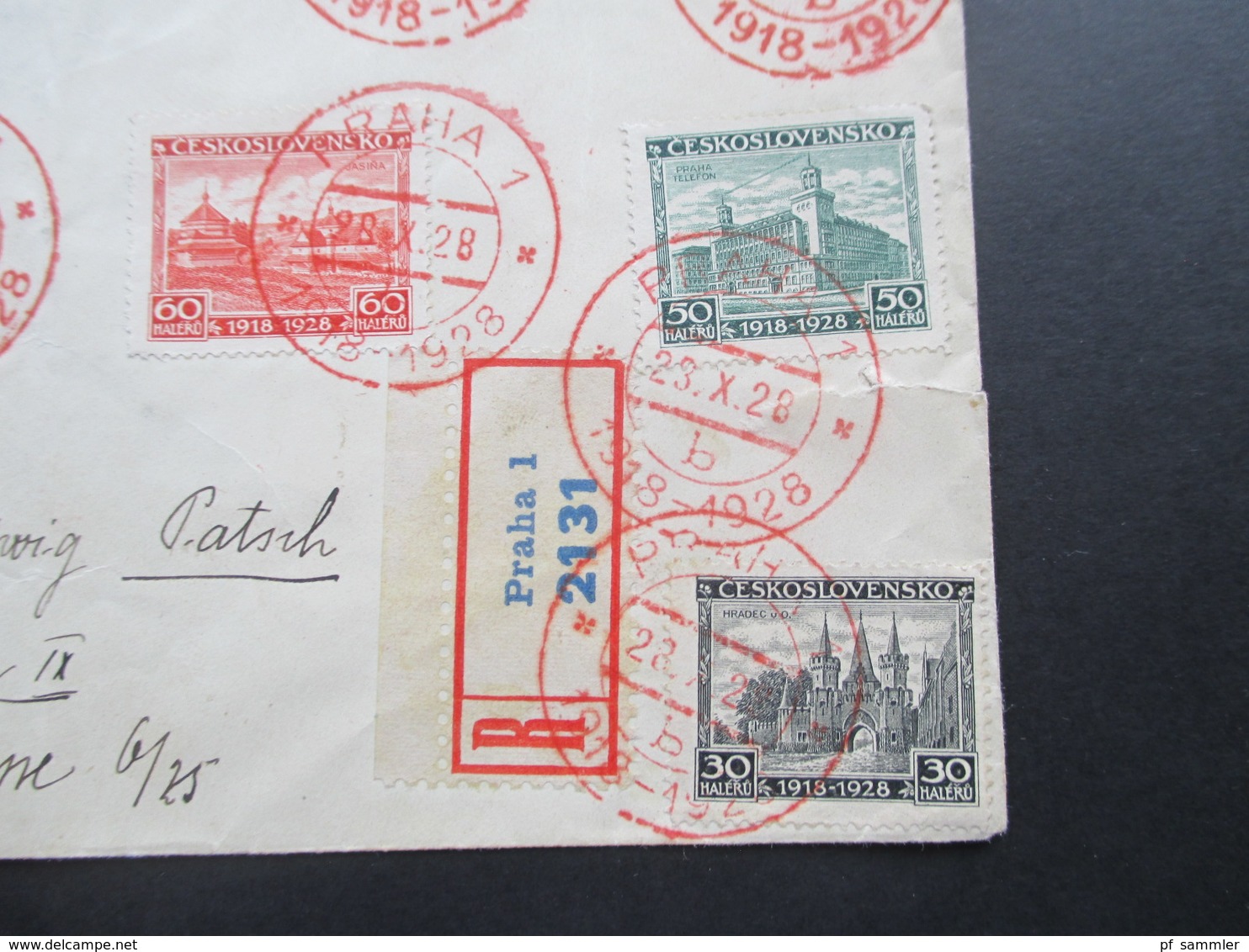 Tschechoslowakei 1928 Roter Sonderstempel 10 Jahre Republik. Satzbrief. Einschreiben Praha 1 - Cartas & Documentos