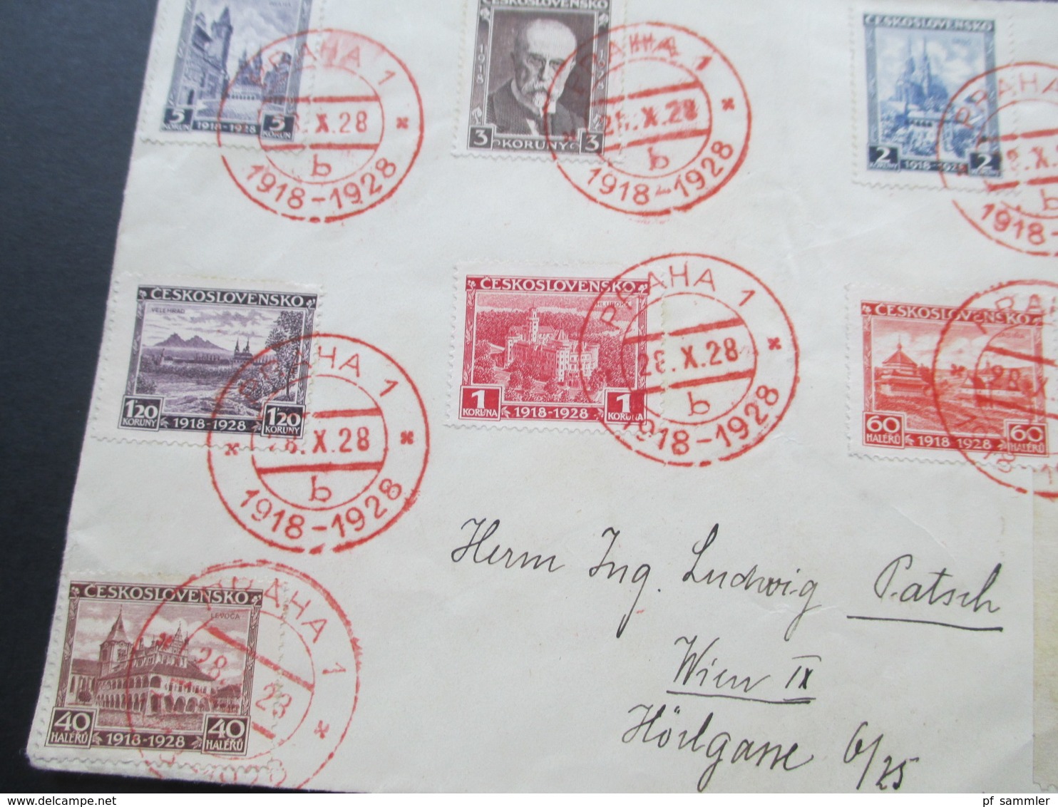 Tschechoslowakei 1928 Roter Sonderstempel 10 Jahre Republik. Satzbrief. Einschreiben Praha 1 - Covers & Documents