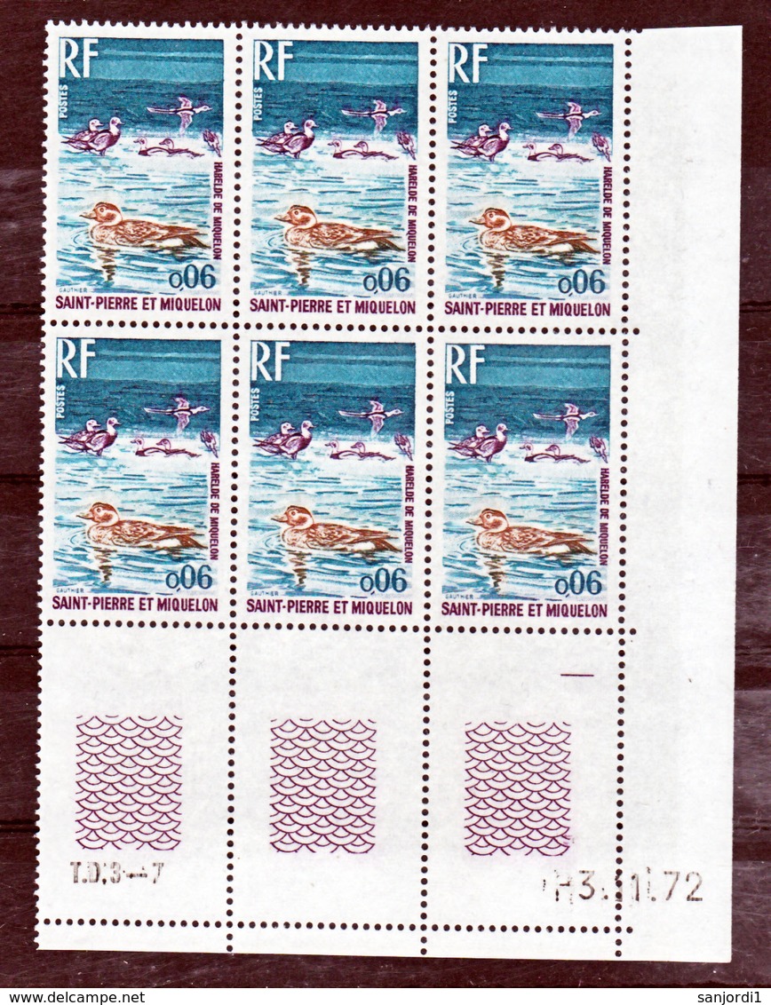 Saint Pierre Et Miquelon  425  Oiseaux Bloc De 6 Coin Daté 13 11 1972  Neuf ** MNH Sin Charmela Cote 15.4 - Nuovi