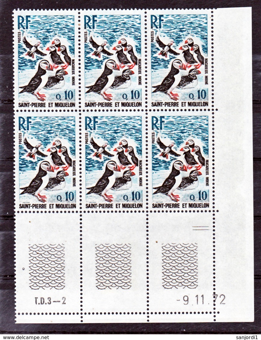 Saint Pierre Et Miquelon  426  Oiseaux Bloc De 6 Coin Daté 9 11 1972  Neuf ** MNH Sin Charmela Cote 18.9 - Nuovi