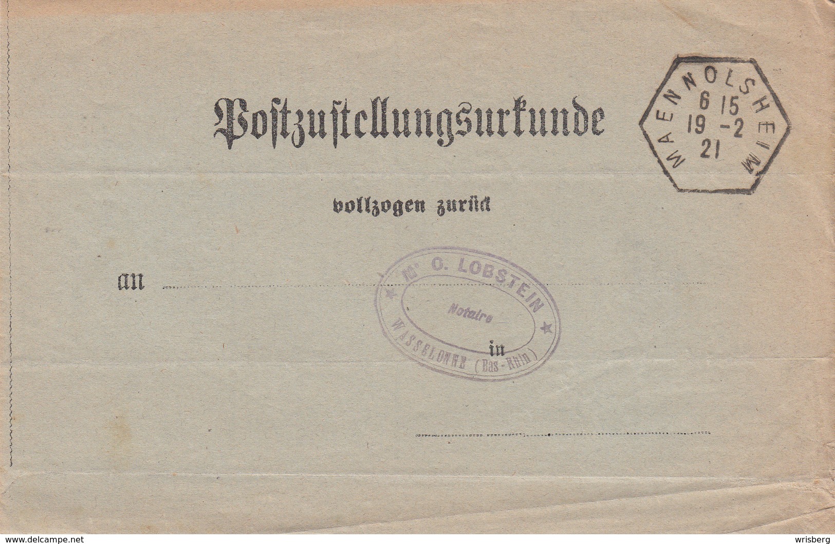 Postzustellungurkunde Obl MAENNOLSHEIM Du 19.2.21 Adressée à Wasselonne - Lettres & Documents