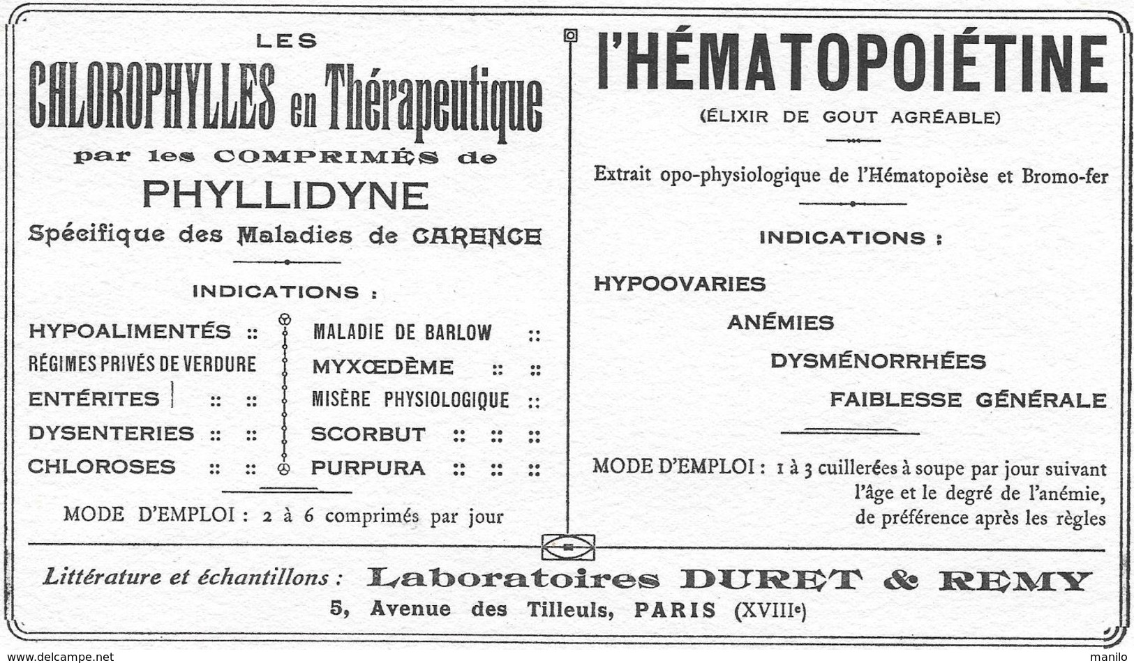 Buvard Ancien-produits Pharmaceutiques -LABORATOIRES DURET & REMY Paris PHYLLIDYNE - HEMATOPOEITINE - Produits Pharmaceutiques