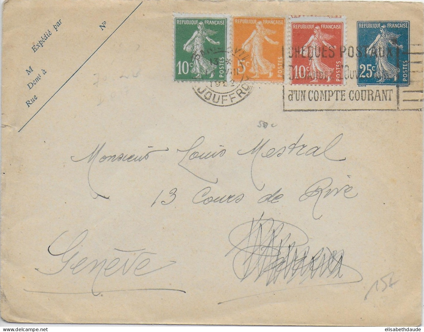 1922 - ENVELOPPE ENTIER SEMEUSE Avec JOLI AFFRANCHISSEMENT TRICOLORE COMPLEMENTAIRE De PARIS => GENEVE (SUISSE) - Standard- Und TSC-Briefe (vor 1995)