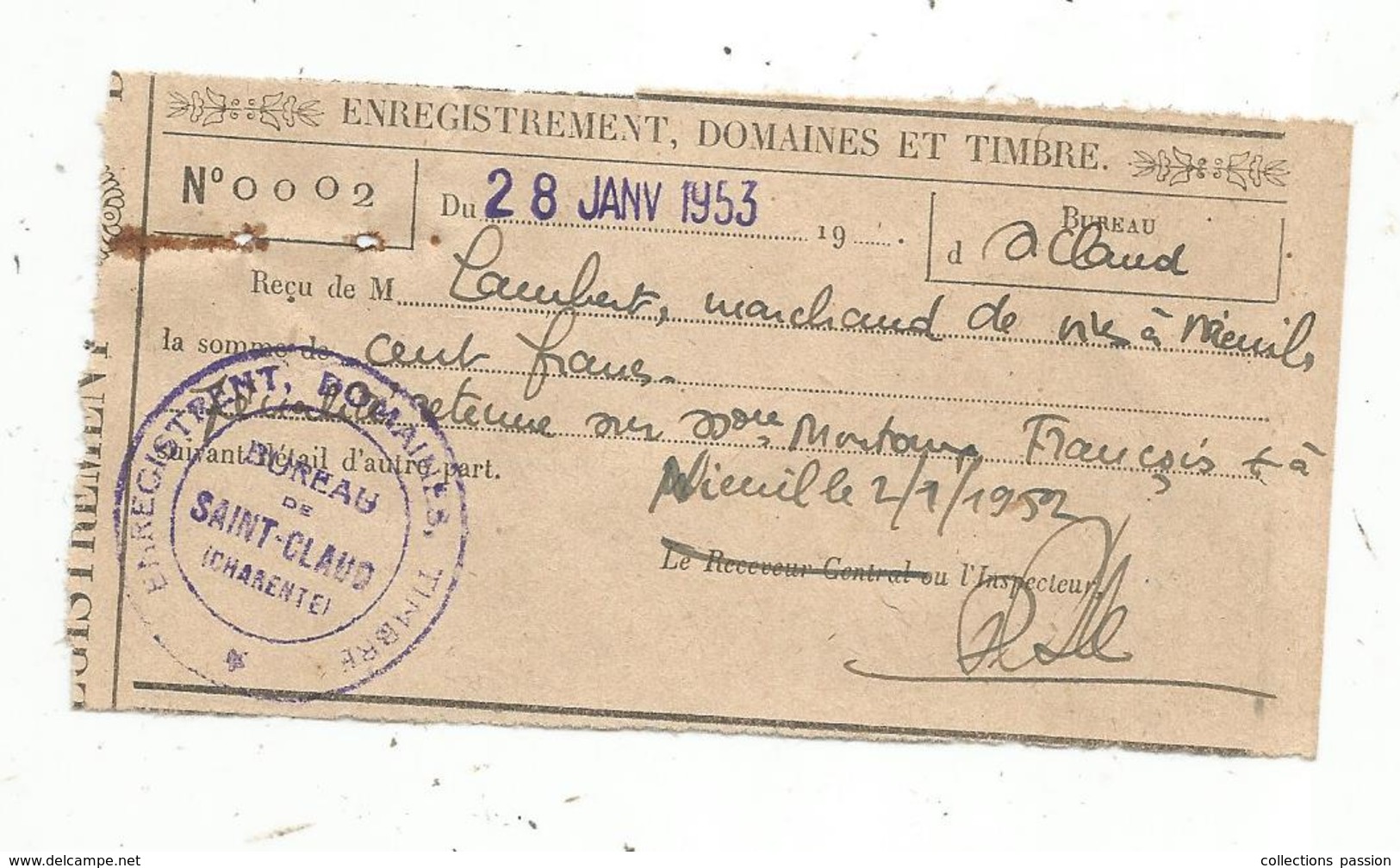 Enregistrement ,domaines ,timbre  , 1953 , SAINT CLAUD, Charente - Ohne Zuordnung