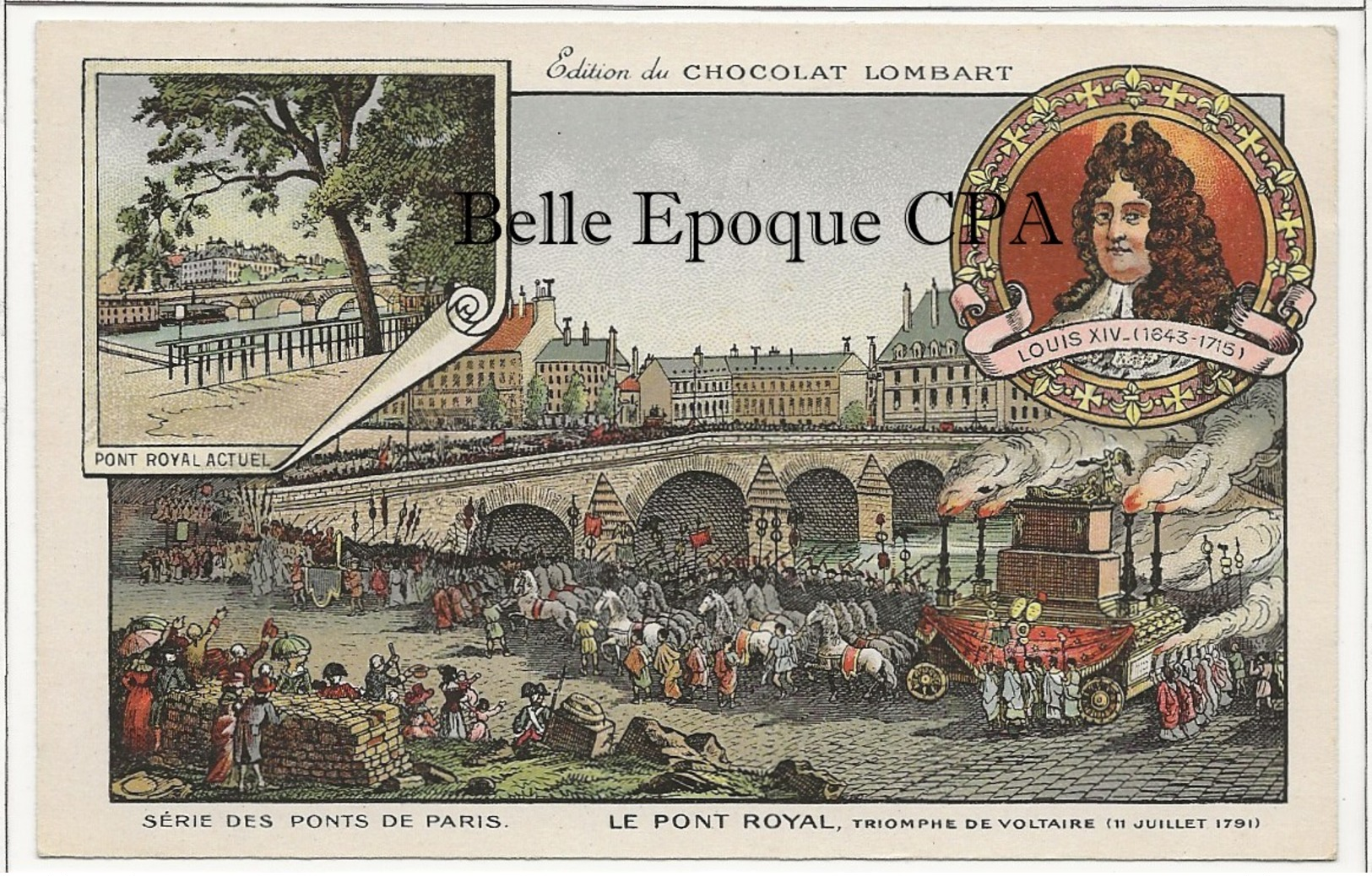 75 - PARIS - Série Des Ponts - Triomphe De Voltaire - 1791 / Pont Royal +++ Chocolat LOMBARD / 9x14cm +++ Parfait état - Bridges