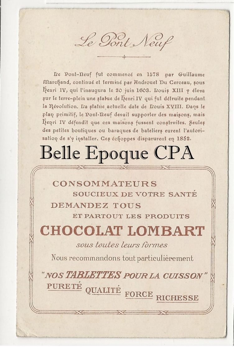 75 - PARIS - Série Des Ponts - Louis XIII / Pont Neuf +++ Édition Du Chocolat LOMBARD / 9x14cm +++ Parfait état - Bridges
