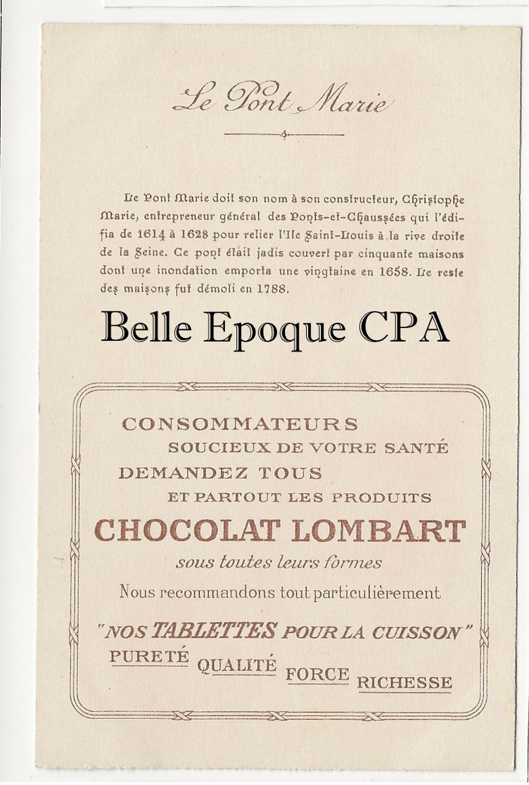 75 - PARIS - Série Des Ponts - Louis XIII / Le Pont Marie +++ Chocolat LOMBARD / 9x14cm +++ Parfait état - Puentes