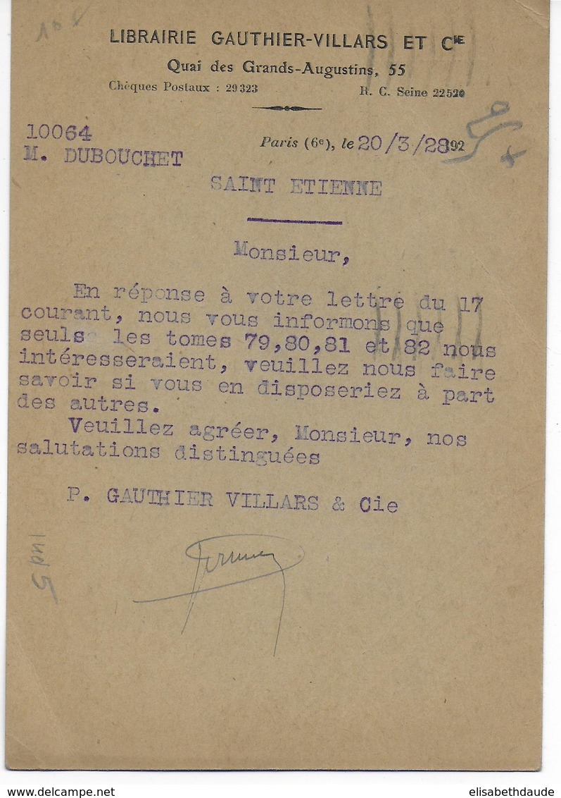 1928 - CARTE ENTIER TYPE SEMEUSE - REPIQUAGE LIBRAIRIE GAUTHIER-VILLARS à PARIS - Postales  Transplantadas (antes 1995)
