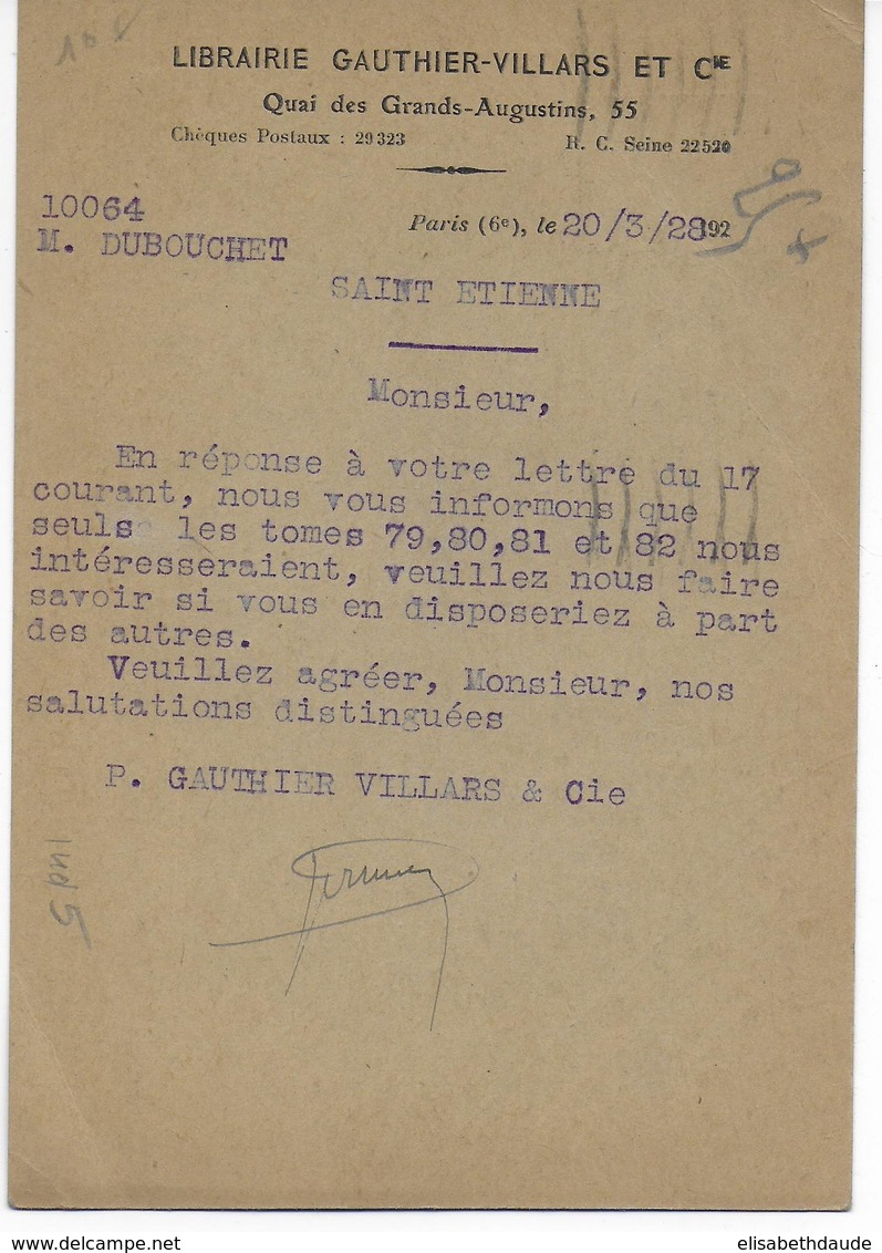 1928 - CARTE ENTIER TYPE SEMEUSE - REPIQUAGE LIBRAIRIE GAUTHIER-VILLARS à PARIS - Cartoline Postali Ristampe (ante 1955)