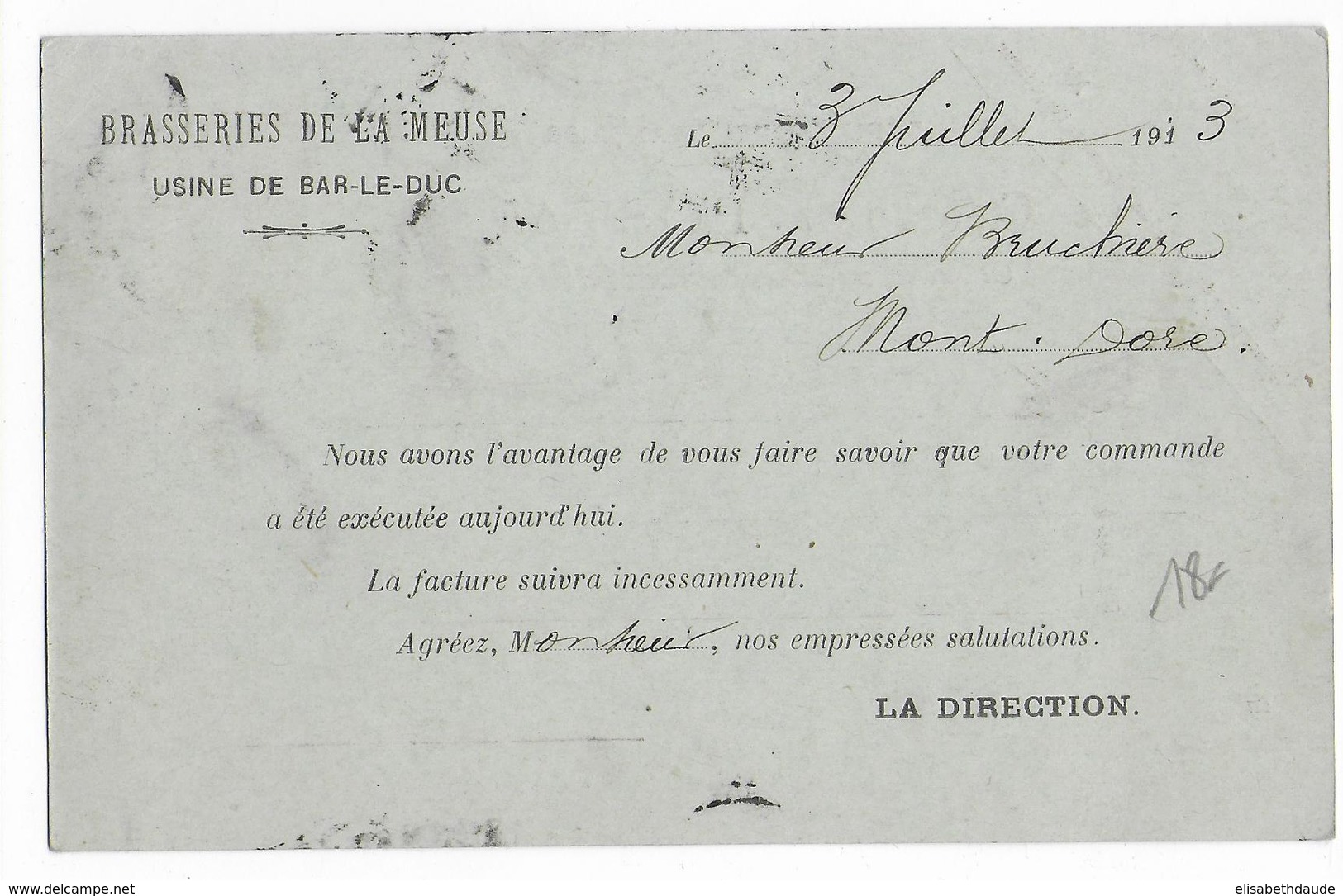 1913 - CARTE ENTIER TYPE SEMEUSE - REPIQUAGE BRASSERIES De La MEUSE à BAR LE DUC - BIERES - Cartes Postales Repiquages (avant 1995)