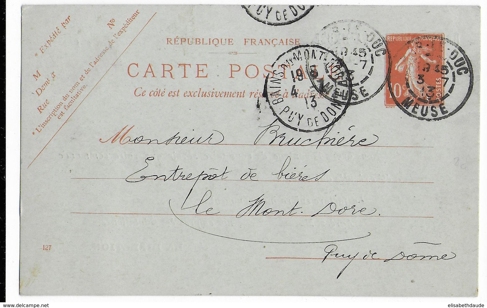 1913 - CARTE ENTIER TYPE SEMEUSE - REPIQUAGE BRASSERIES De La MEUSE à BAR LE DUC - BIERES - AK Mit Aufdruck (vor 1995)