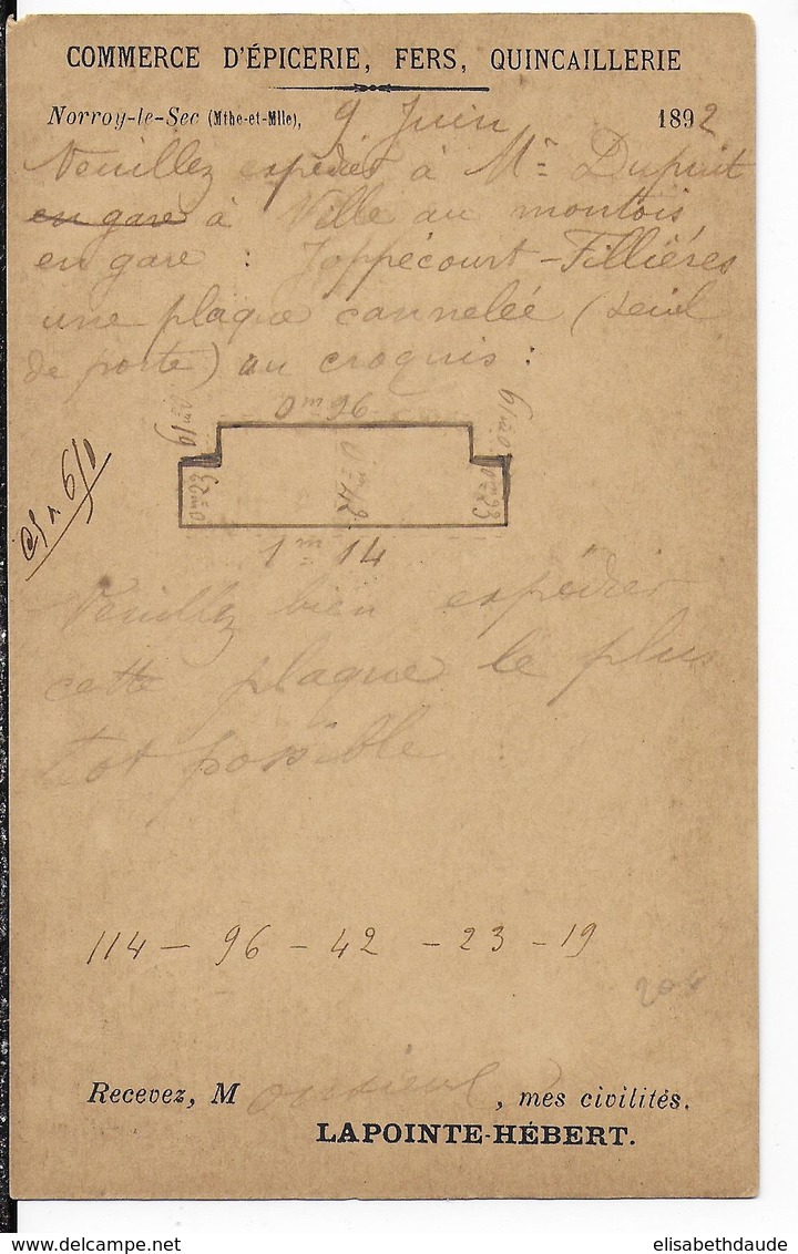 1892 - CARTE ENTIER TYPE SAGE - REPIQUAGE LAPOINTE-HEBERT à NORROY LE SEC (MEURTHE ET MOSELLE) - AK Mit Aufdruck (vor 1995)