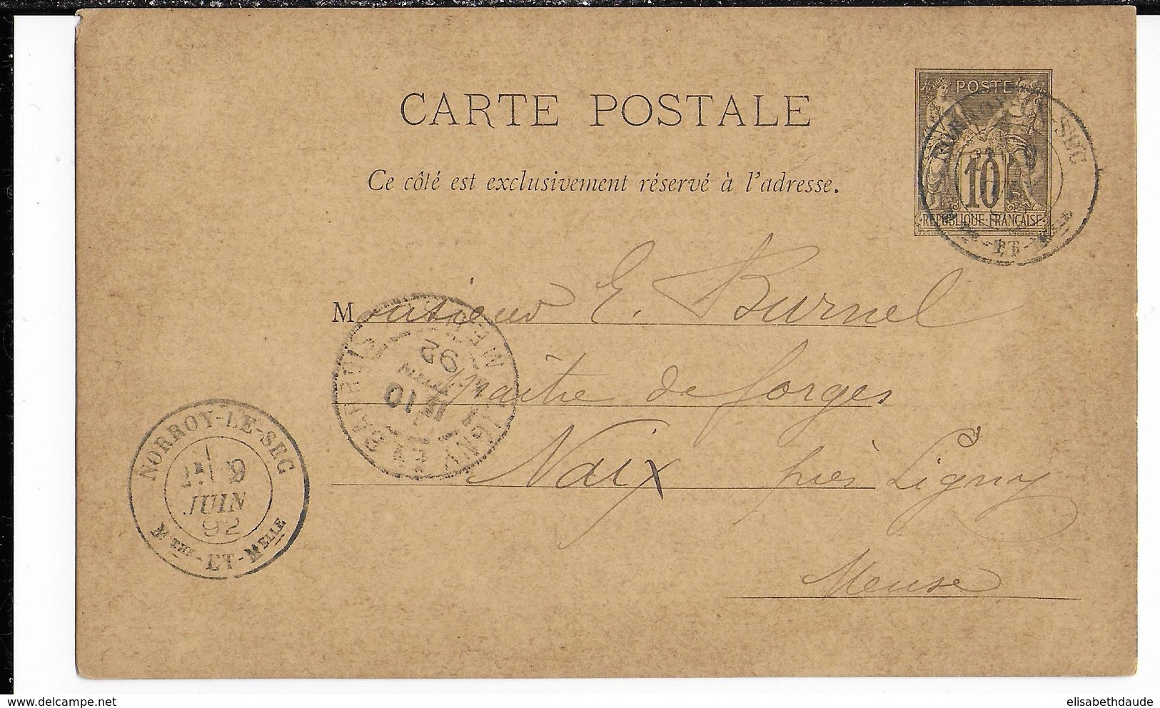 1892 - CARTE ENTIER TYPE SAGE - REPIQUAGE LAPOINTE-HEBERT à NORROY LE SEC (MEURTHE ET MOSELLE) - Cartes Postales Repiquages (avant 1995)