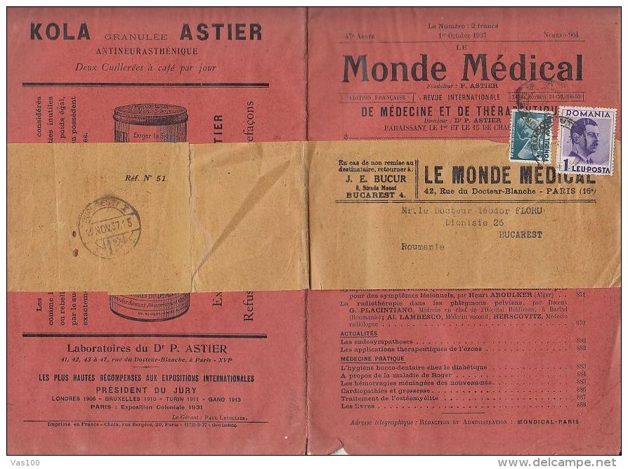 MAGAZINE, MEDICAL WORLD, FRENCH LANGUAGE, NR904/01.10.1937, AVIATION, KING CHARLES II STAMPS, 1937, ROMANIA - 1900 - 1949