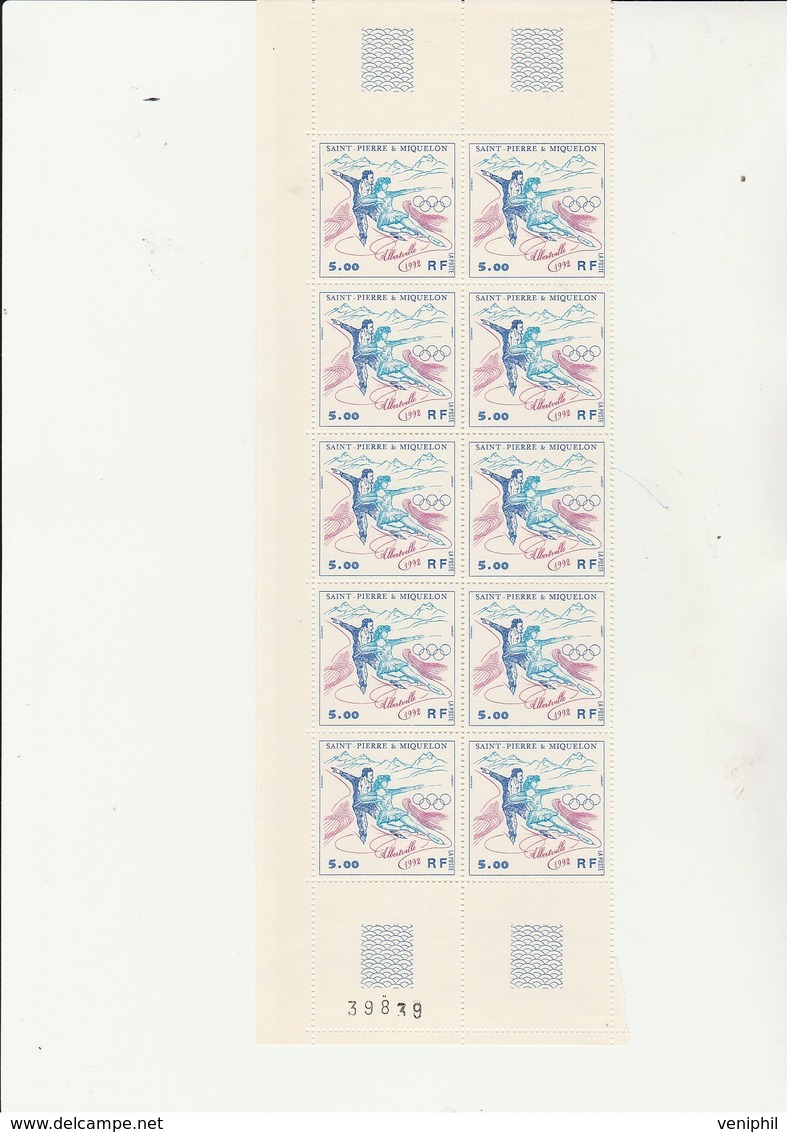 ST PIERRE ET MIQUELON - N° 559 EN FEUILLE DE 10 - NEUF XX- J.O ALBERTVILLE 1992 - COTE : 23 € - Blocks & Sheetlets