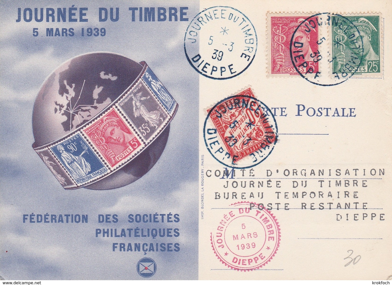Journée Du Timbre Dieppe 1939 - Carte Spéciale Taxée - Gedenkstempel