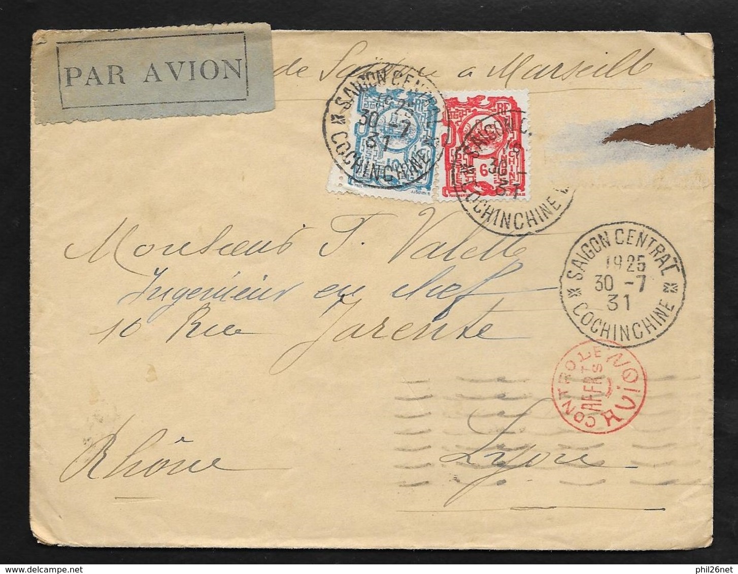 Indochine Lettre  Par Avion Saïgon Le 30/07/1931 A Lyon Le 11/08/1931 Les N°132 Et 136     B/TB - Lettres & Documents