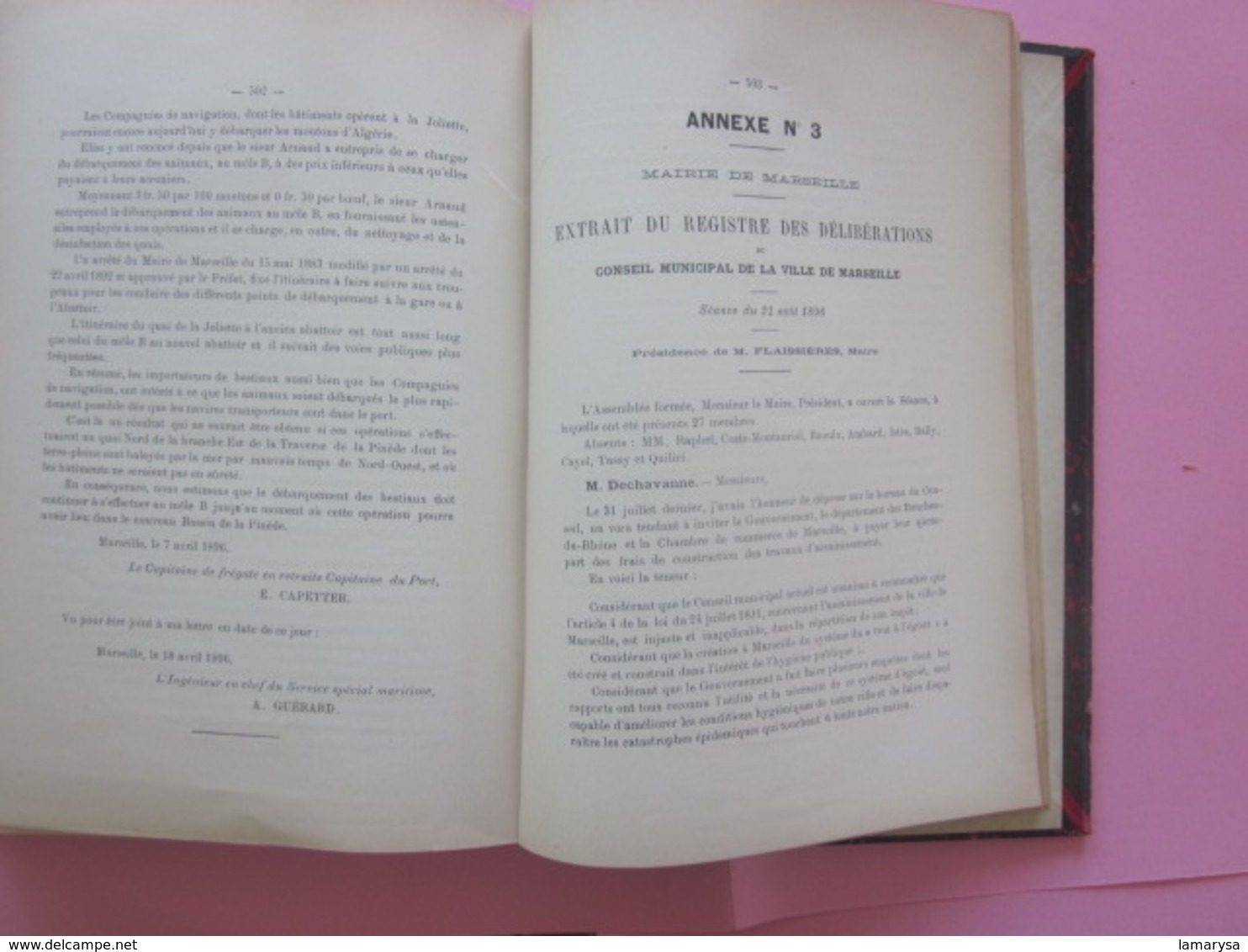 CHAMBRE DE COMMERCE DE MARSEILLE COMPTE RENDU DES TRAVAUX PENDANT ANNÉE 1896-LIVRE ANCIEN RELIURE LITHOGRAPHIE 525 PAGES